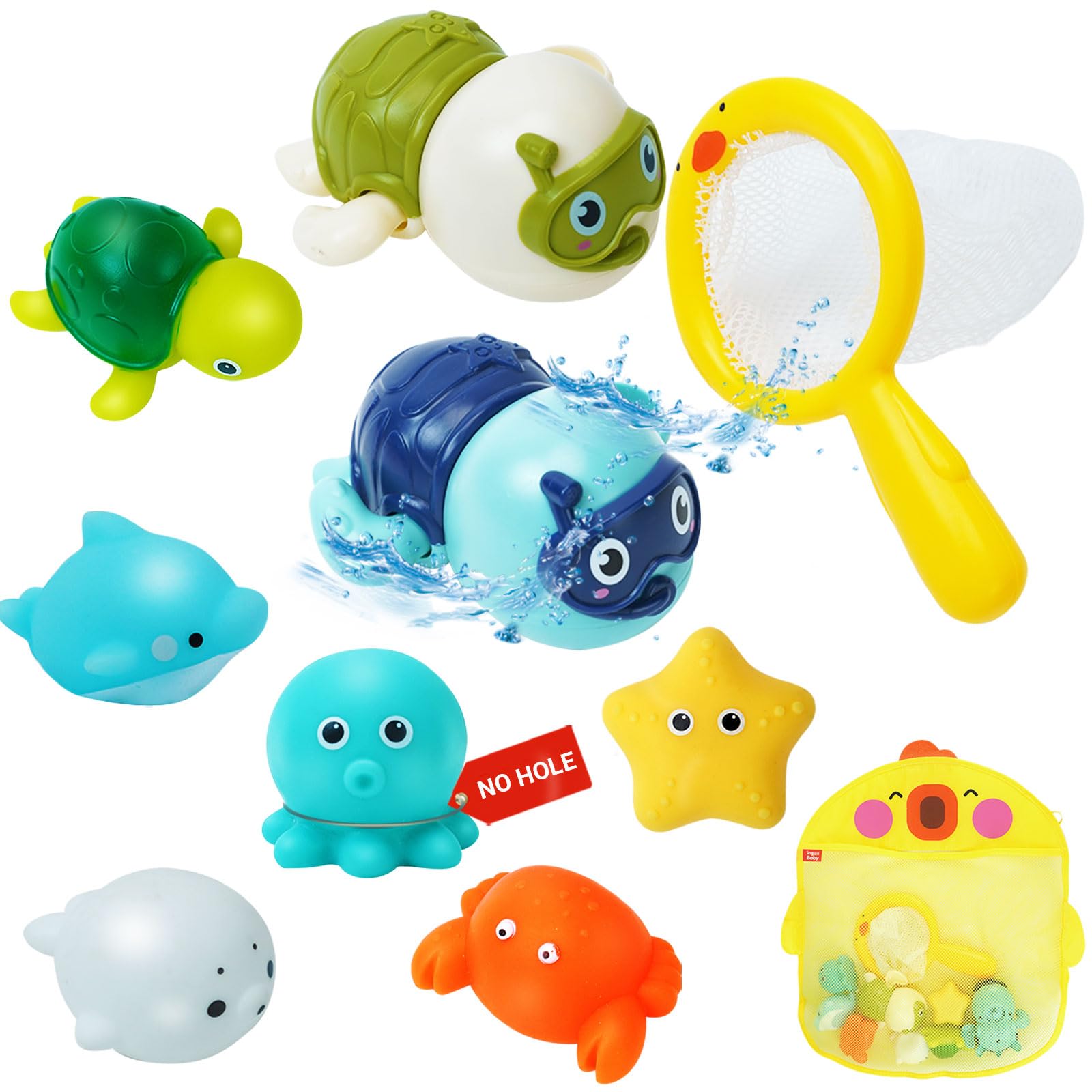 Safe Mold-Free Ocean Animal Bath Toys for Toddlers 1-3 Years - Wind Up Swimming Turtle Pool Toys with Fishing Net & Storage Bag | Fun Floating Water Play for Bathtime, Pool Parties & Early Learning