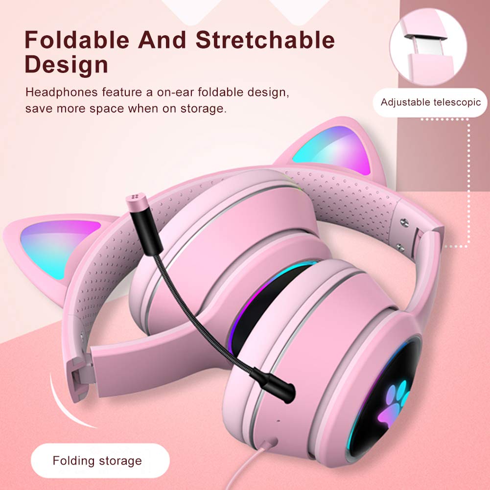HONUTIGE Cat Ear Gaming Headset with RGB LED Lights, Built-in Microphone & Stereo Sound - Over-Ear Headphones for PC, PS4, Xbox, Nintendo Switch - Perfect for Streaming, Gaming & Virtual Meetings