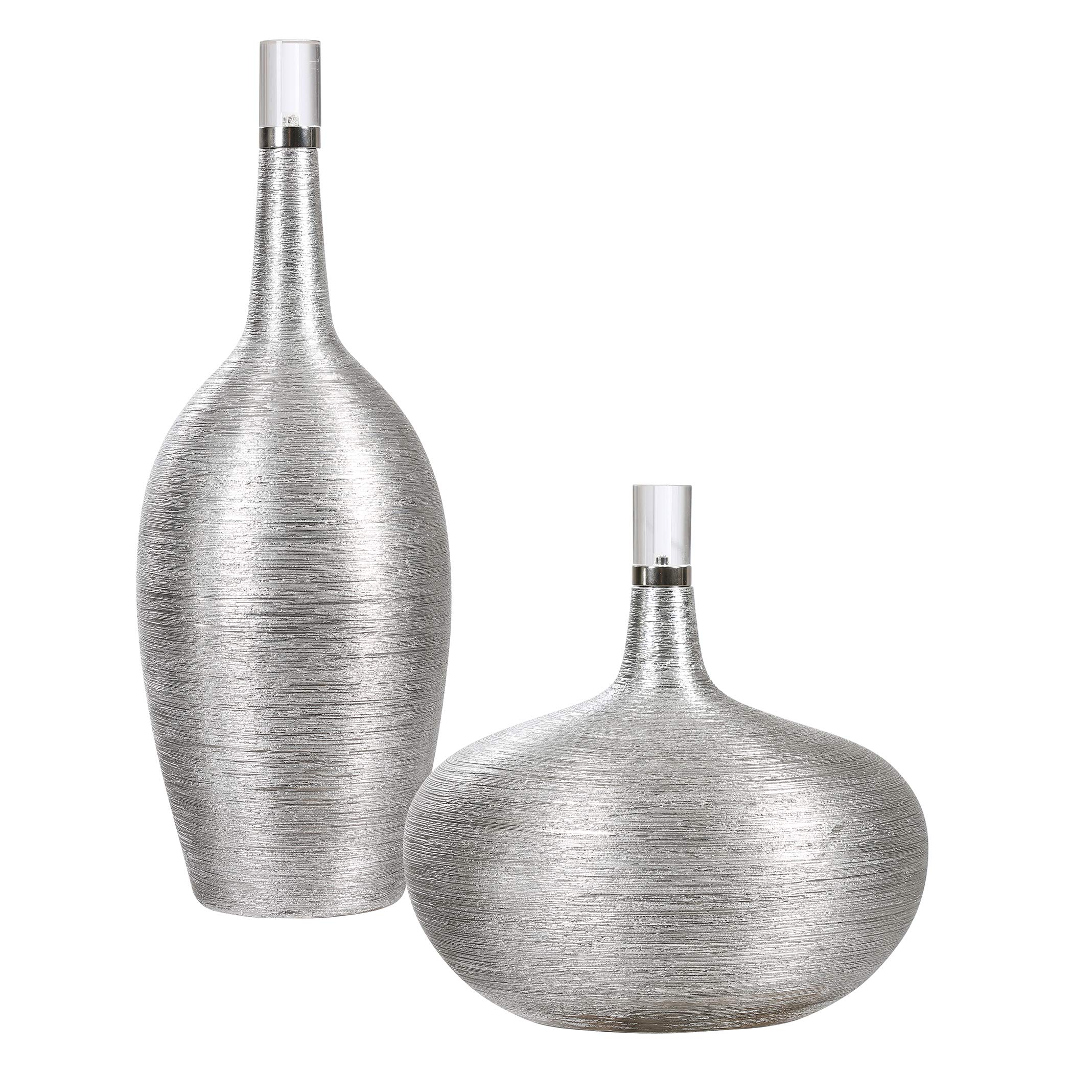 Gatsby Silver Ribbed Glass Bottles, Set of 2 - Perfect for Home Decor, Wedding Centerpieces & DIY Craft Projects