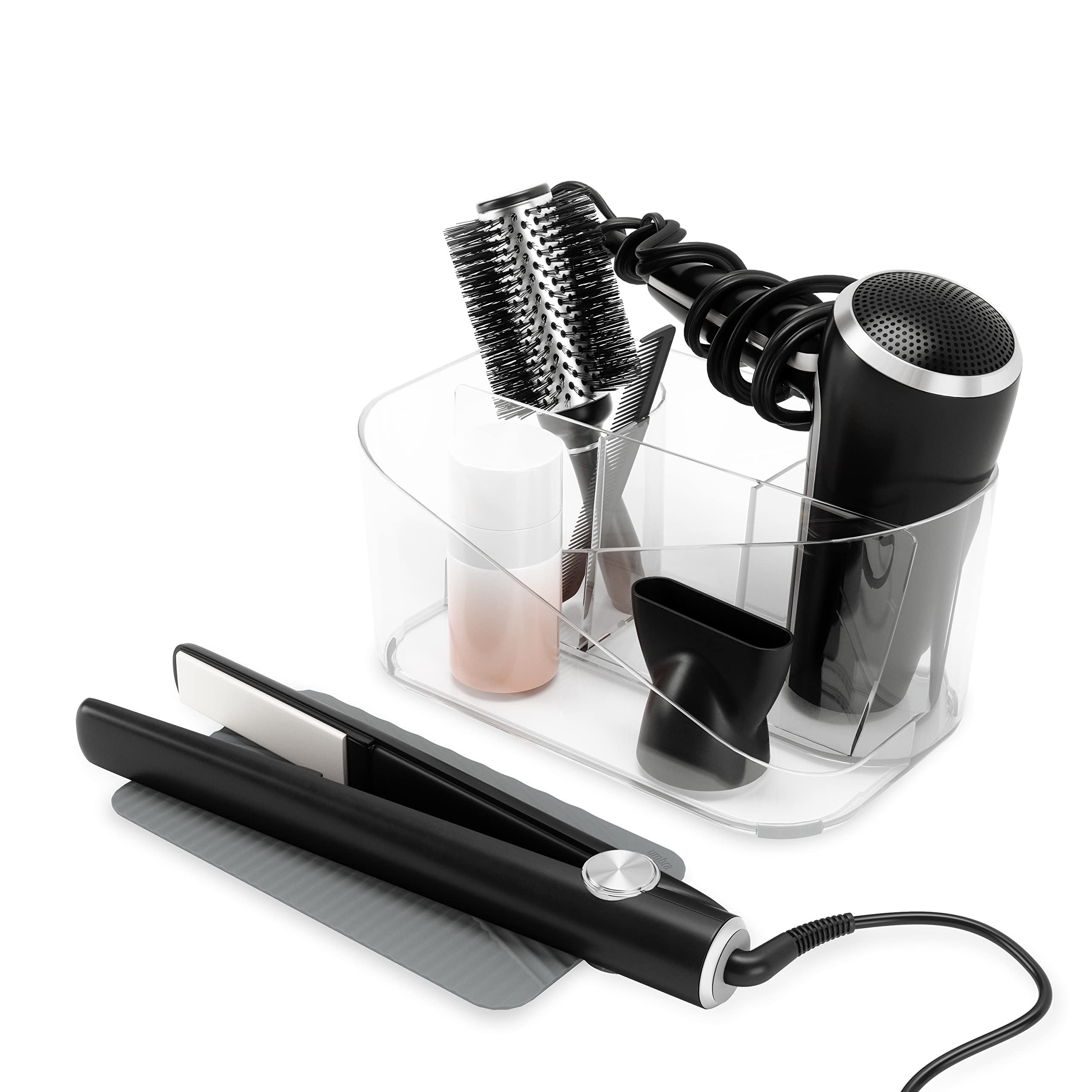 Umbra Glam Clear Hair Tool Organizer - Stylish Bathroom & Vanity Storage for Hair Dryers, Straighteners & Brushes