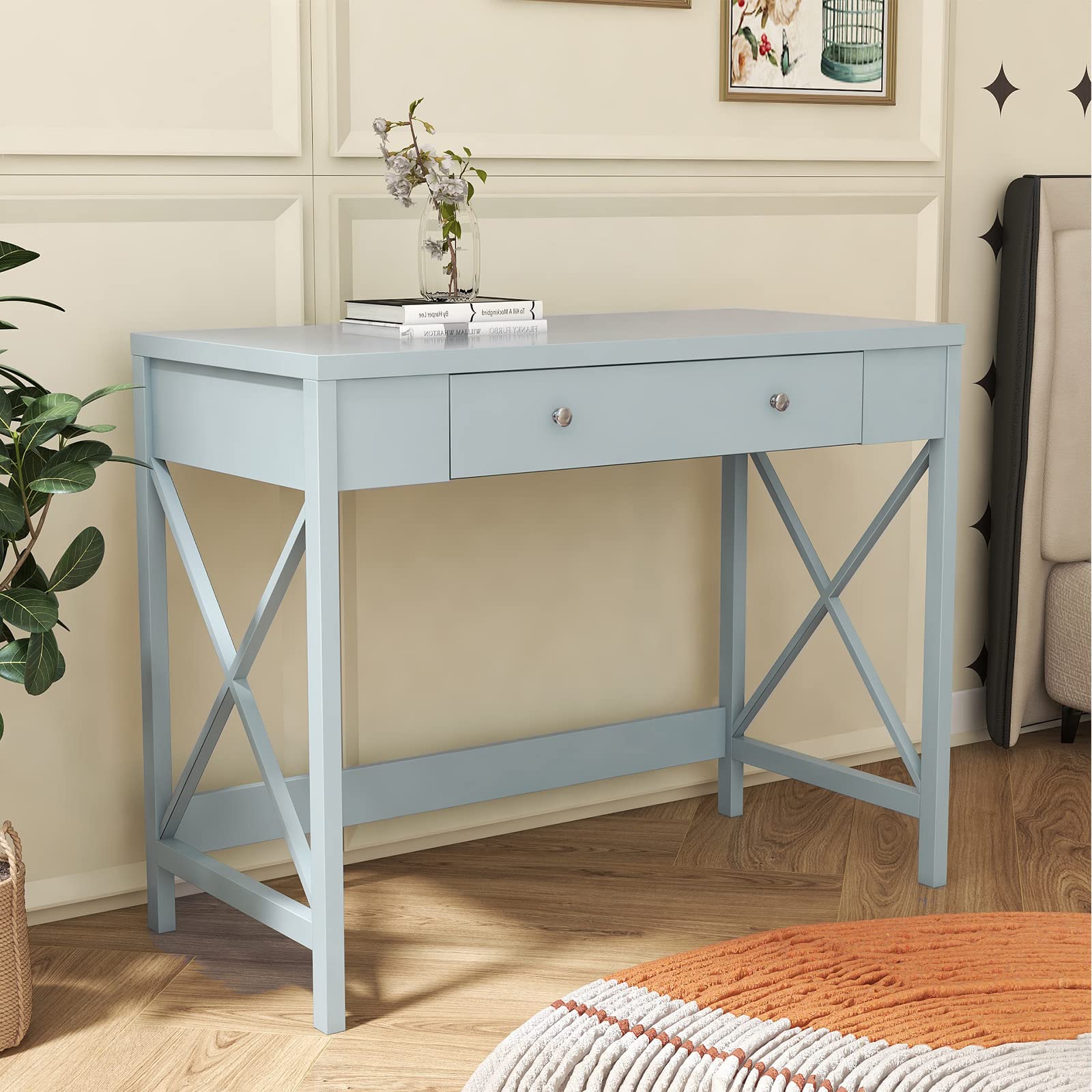 ADKINC Modern Home Office Small Writing Desk with Drawers - Space Saving Study Table for Adults & Students, Bedroom Vanity Makeup Dressing Desk - Perfect for Small Apartments, Dorm Rooms & Home Offices (Grey)