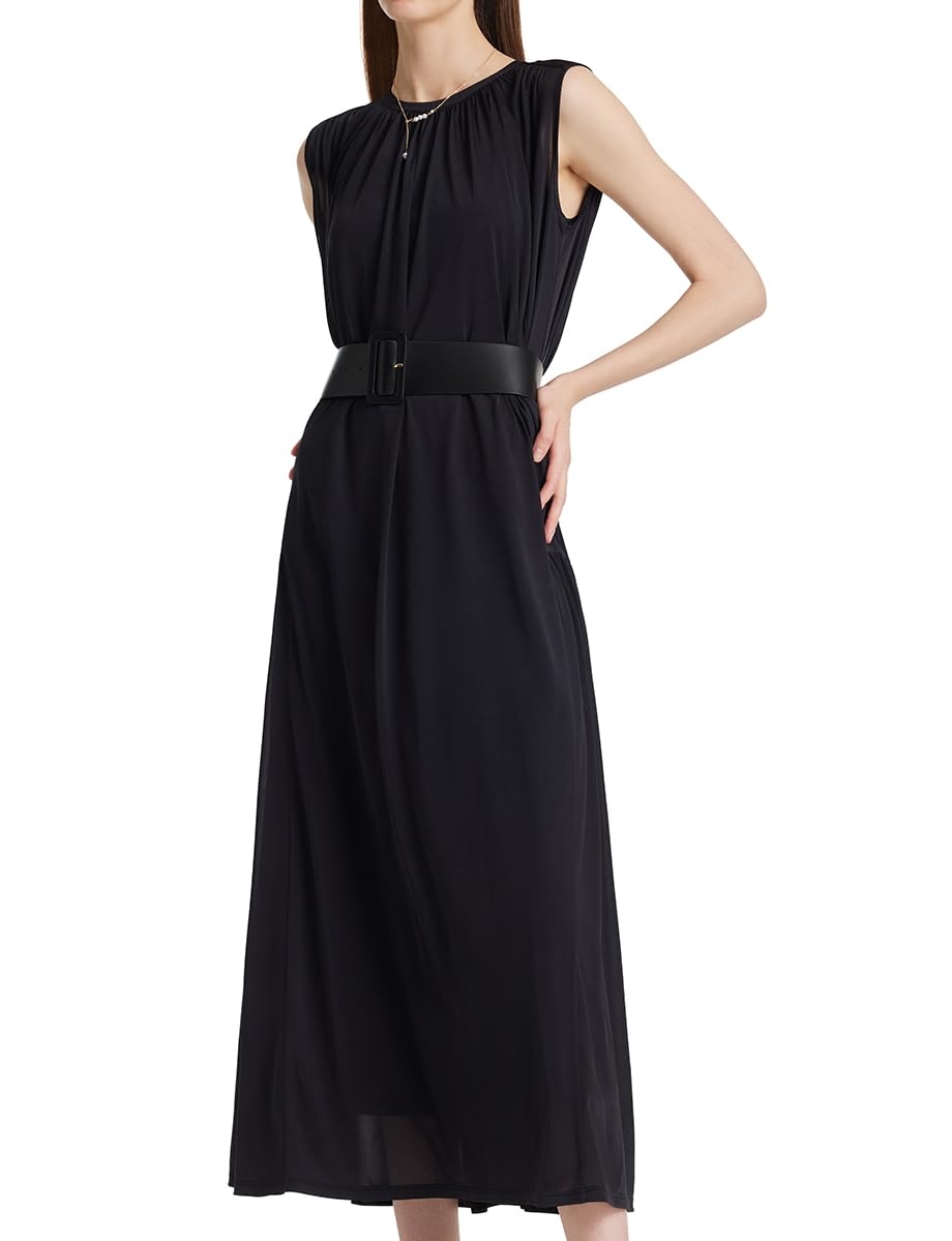 2025 Women's Summer Black Sleeveless Maxi Dress with Belt - Elegant Formal Wedding Guest Dress for Beach Parties & Evening Events