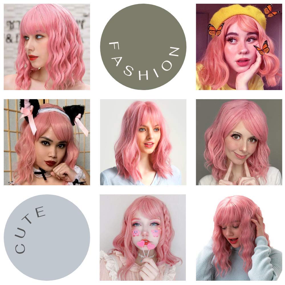 Morvally 16 Inch Short Pink Wavy Bob Wig with Bangs for Women - Natural Synthetic Hair Wavy Wig for Cosplay, Halloween, Costume Parties & Daily Fashion
