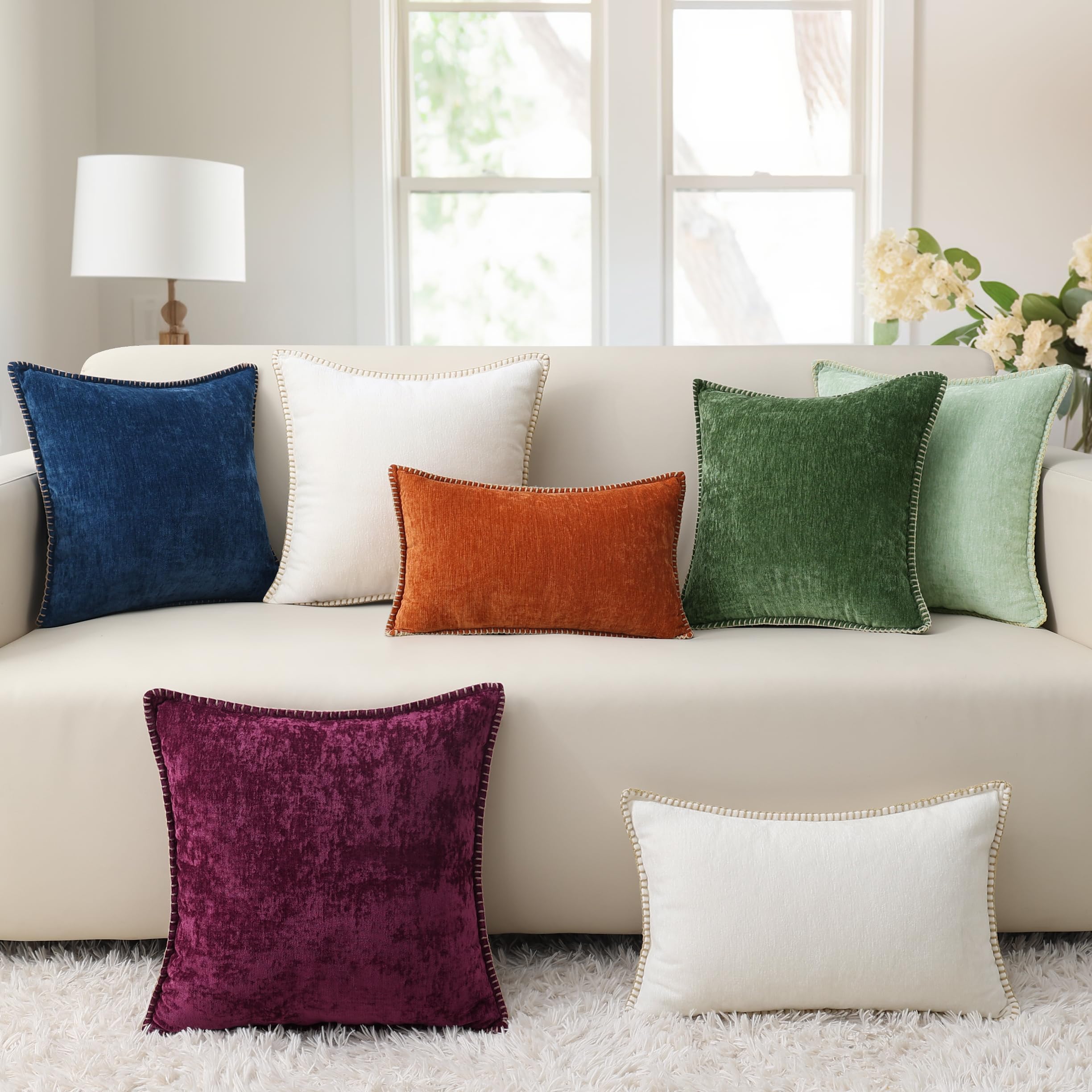 decorUhome Chenille Soft Throw Pillow Covers 26x26 Set of 2 - Farmhouse Velvet Decorative Couch Pillow Covers with Stitched Edge for Sofa, Bed & Home Decor - Bleached Sand - Perfect for Living Room, Bedroom & Cozy Farmhouse Style