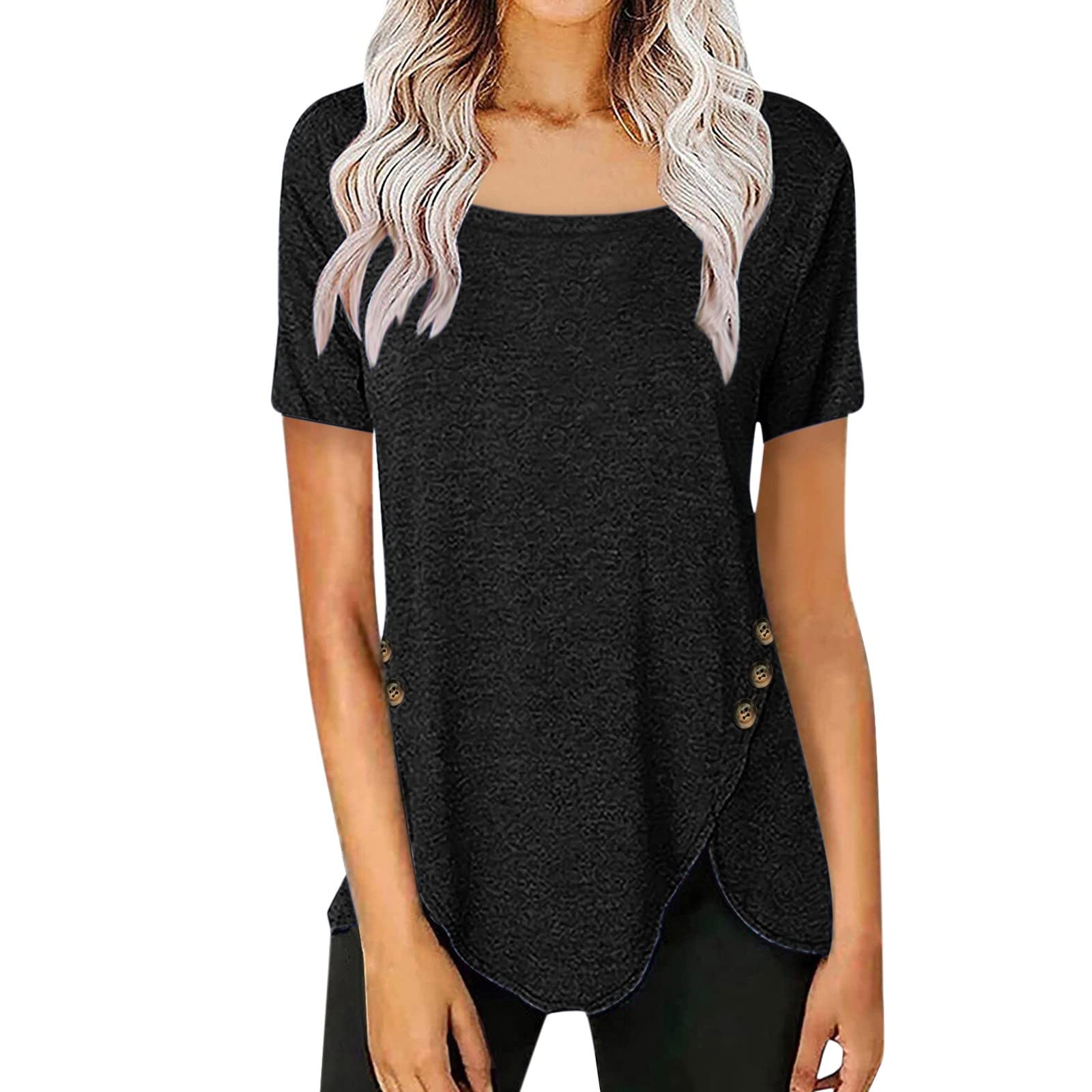 Women's Casual Short Sleeve Tunic Tops - Square Collar Button Down Blouse for Summer | Perfect for Beach Outings, Office Wear & Everyday Comfort
