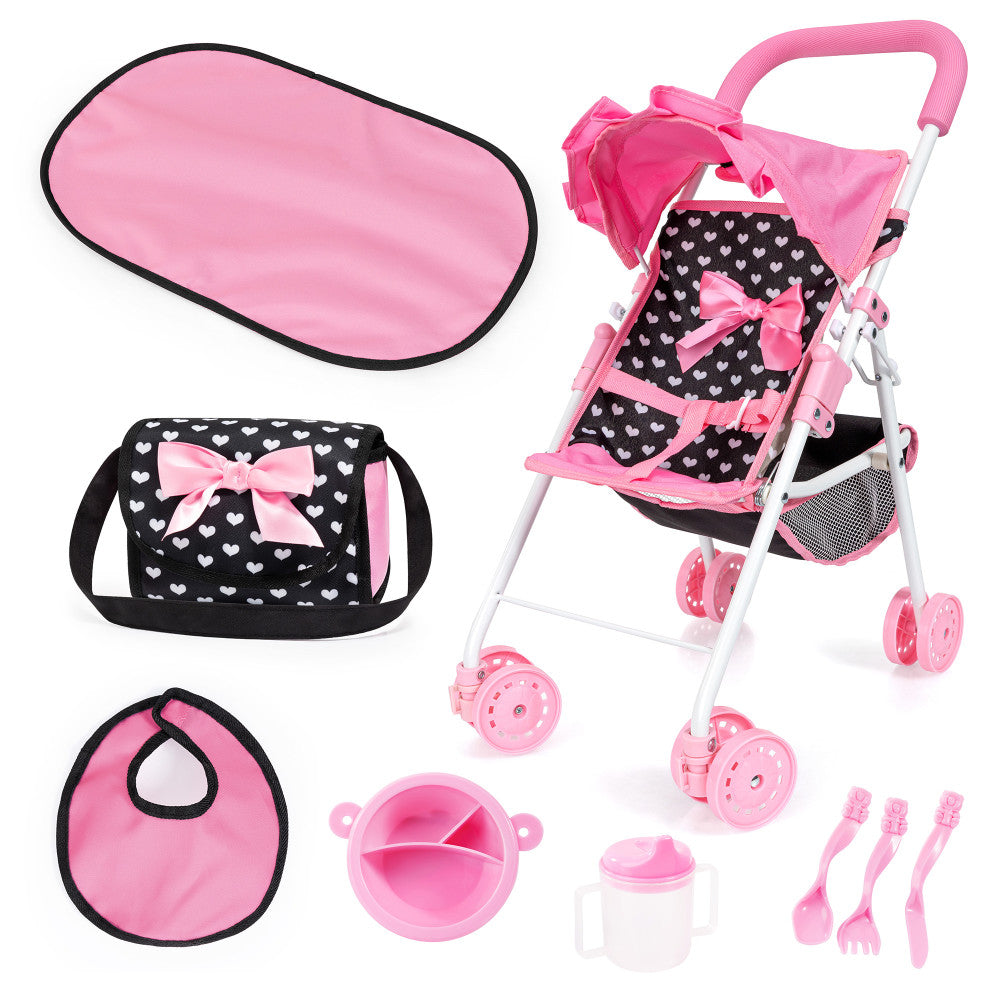 Bayer Design Doll Stroller Playset with Accessories - Pink & Black Hearts for Baby Girls | Pretend Play, Role Play, Gift for Toddlers