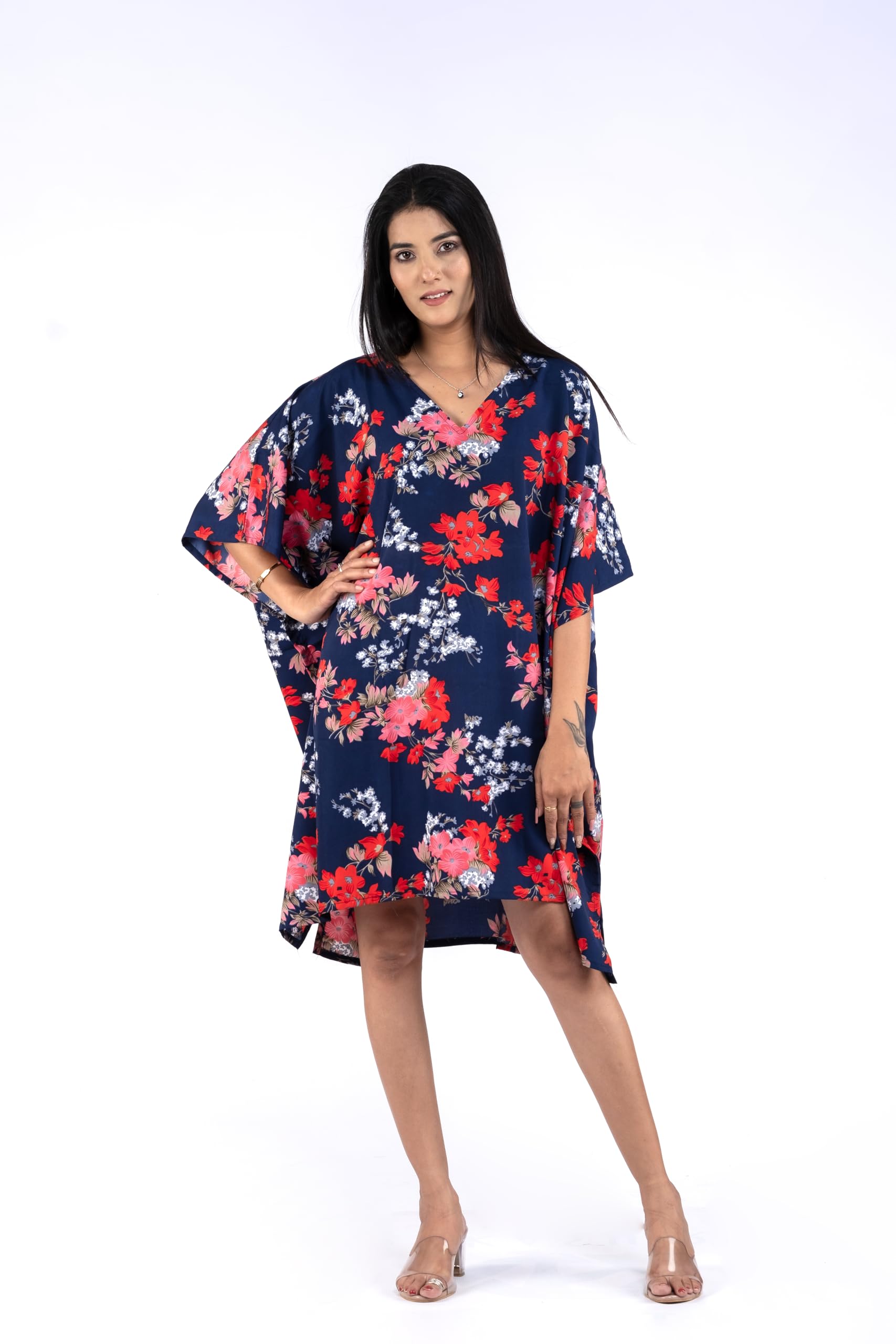 Women's Floral Print V-Neck Kaftan Dress - Short Kimono Style Beach Cover Up | Perfect for Summer Vacations, Poolside Lounging & Resort Wear