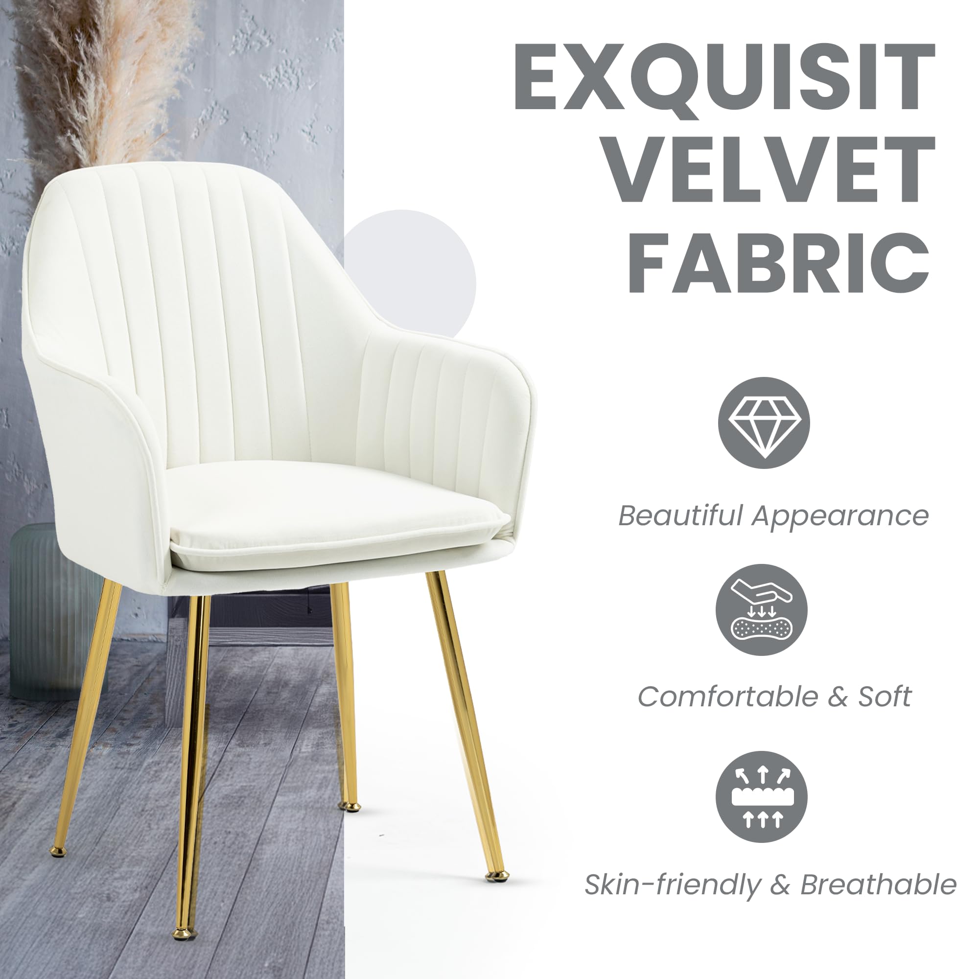 ECOTOUGE Velvet Dining Chairs Set of 2 - Modern Upholstered Armchairs with Golden Metal Legs, Mid Century Kitchen & Living Room Accent Chairs in Beige | Perfect for Dining Room, Breakfast Nook & Lounge Area