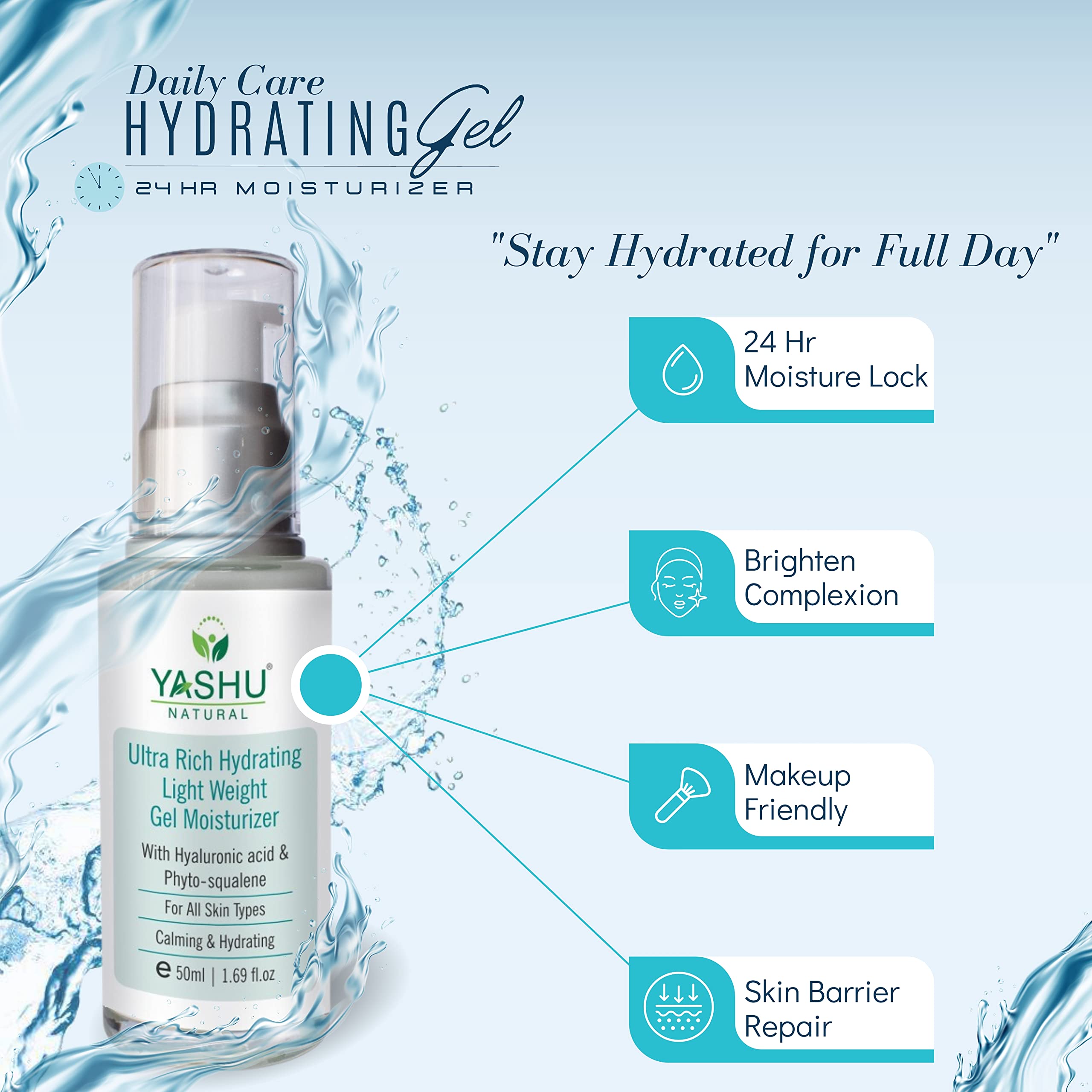 YASHU Lightweight Hydrating Gel Cream with Hyaluronic Acid & Squalane - Brightening Moisturizer for Glowing Skin, Improves Skin Smoothness & Evens Skin Tone (50ml) | Perfect for Daily Skincare Routine & Nighttime Hydration