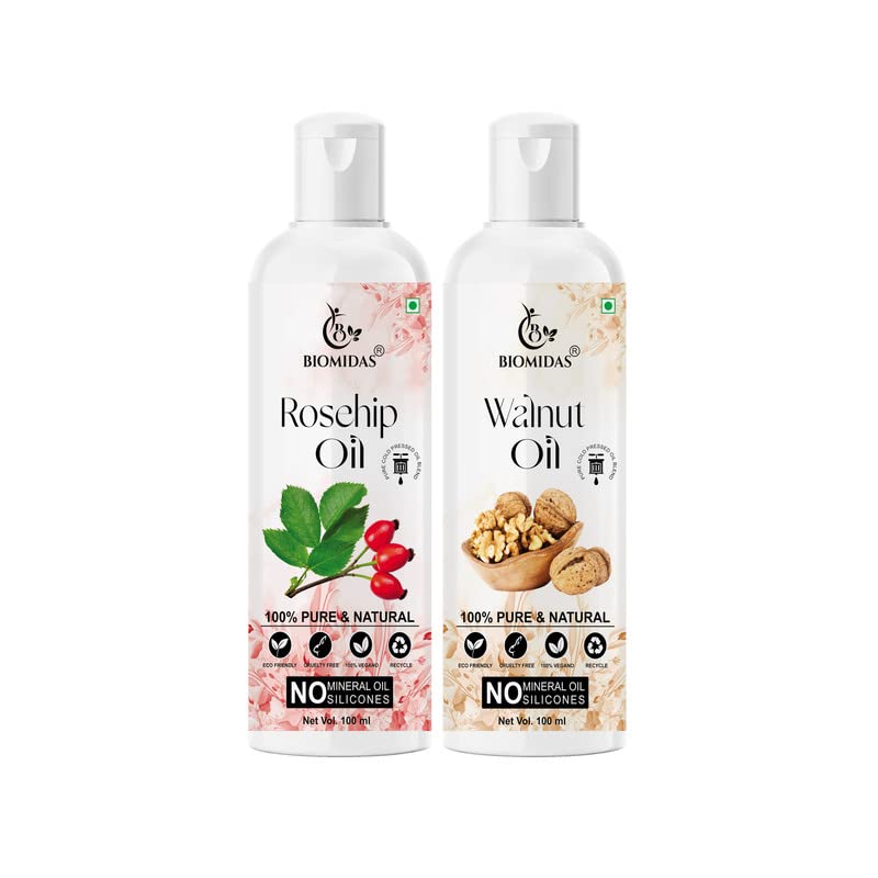 Biomidas 100% Pure Rosehip Oil & Walnut Oil Combo (100ML Each) - Promotes Hair Growth, Reduces Hair Fall, Repairs Split Ends for Soft & Shiny Hair - Pack of 2 | Perfect for Daily Hair Care & Scalp Treatment