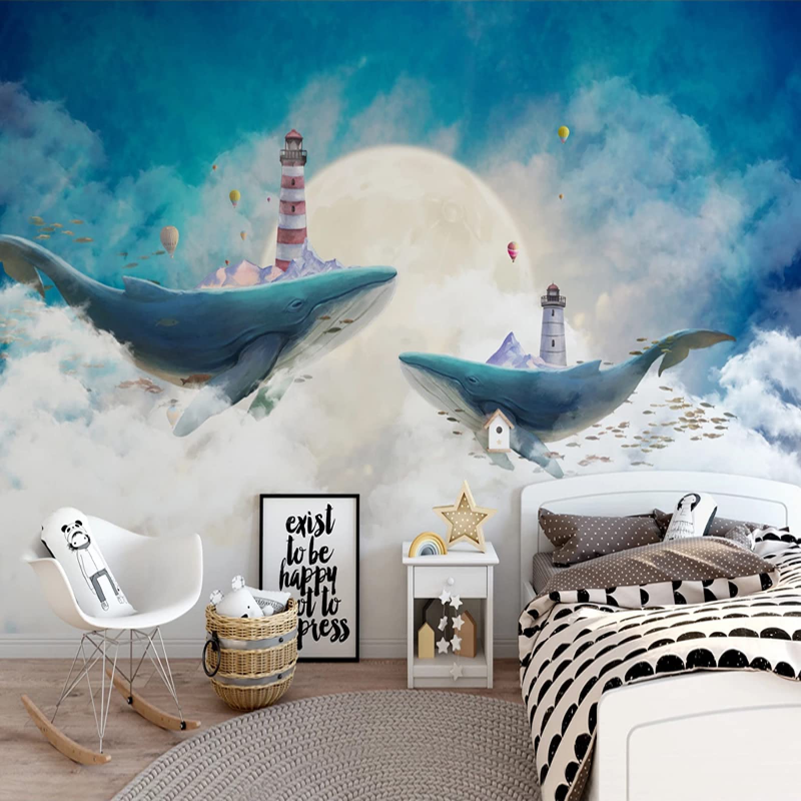 Nordic Style Sky Blue White Clouds Cartoon Whale Wallpaper - Kids Room Decor, Living Room, Study & Bedroom Mural Art - Waterproof Peel & Stick Wall Decals for Nursery, Playroom & Home Decor