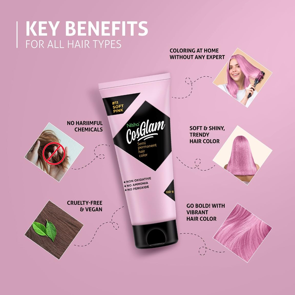 Nisha Cosglam Semi-Permanent Vegan Hair Dye - Ammonia & Peroxide Free Conditioning Color for Men & Women - 120g #11 Soft Pink (Light Pink) - Lasting Glossy Highlights for Everyday Style & Special Occasions