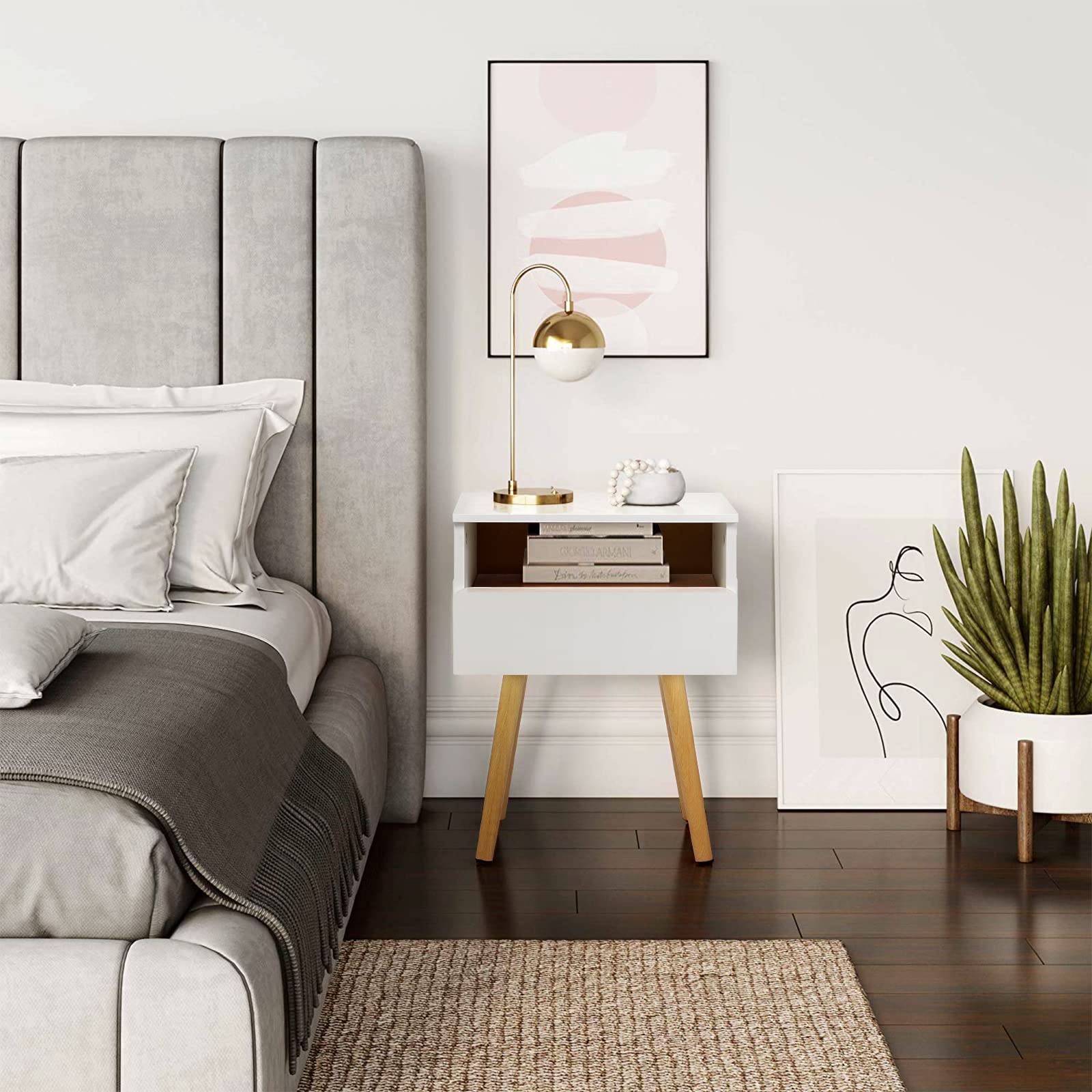 VERYKE Modern Wooden Nightstand Set of 2 - Bedroom End Tables with Drawer & Open Shelf, Solid Wood Legs Accent Side Table for Living Room, Bedroom, or Office (White) - Perfect for Storing Books, Lamps, and Bedroom Essentials