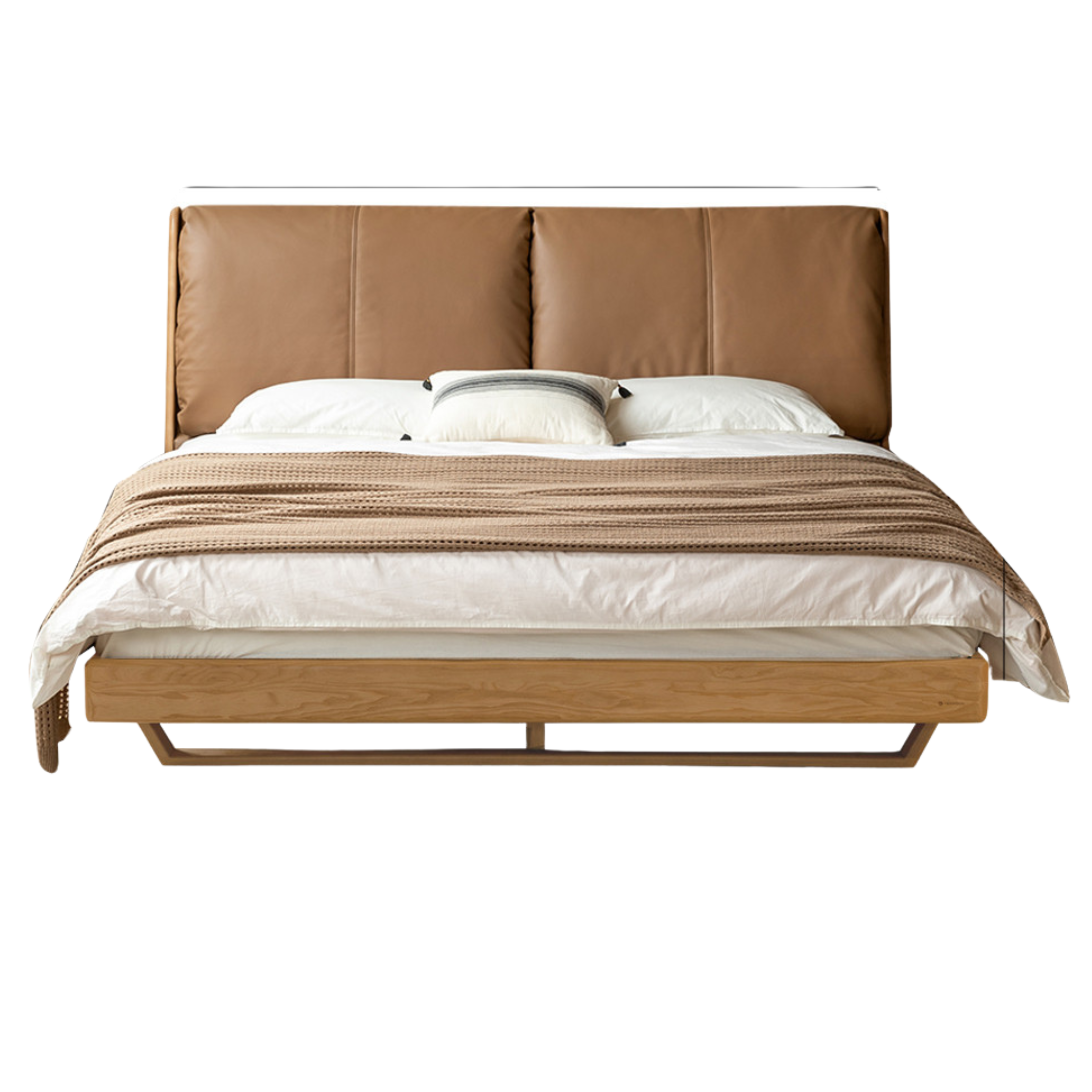 Italian Light Luxury Solid Wood Bed in Oak & Ash with Genuine Leather Upholstery - Perfect for Master Bedrooms, Guest Rooms & Modern Home Decor