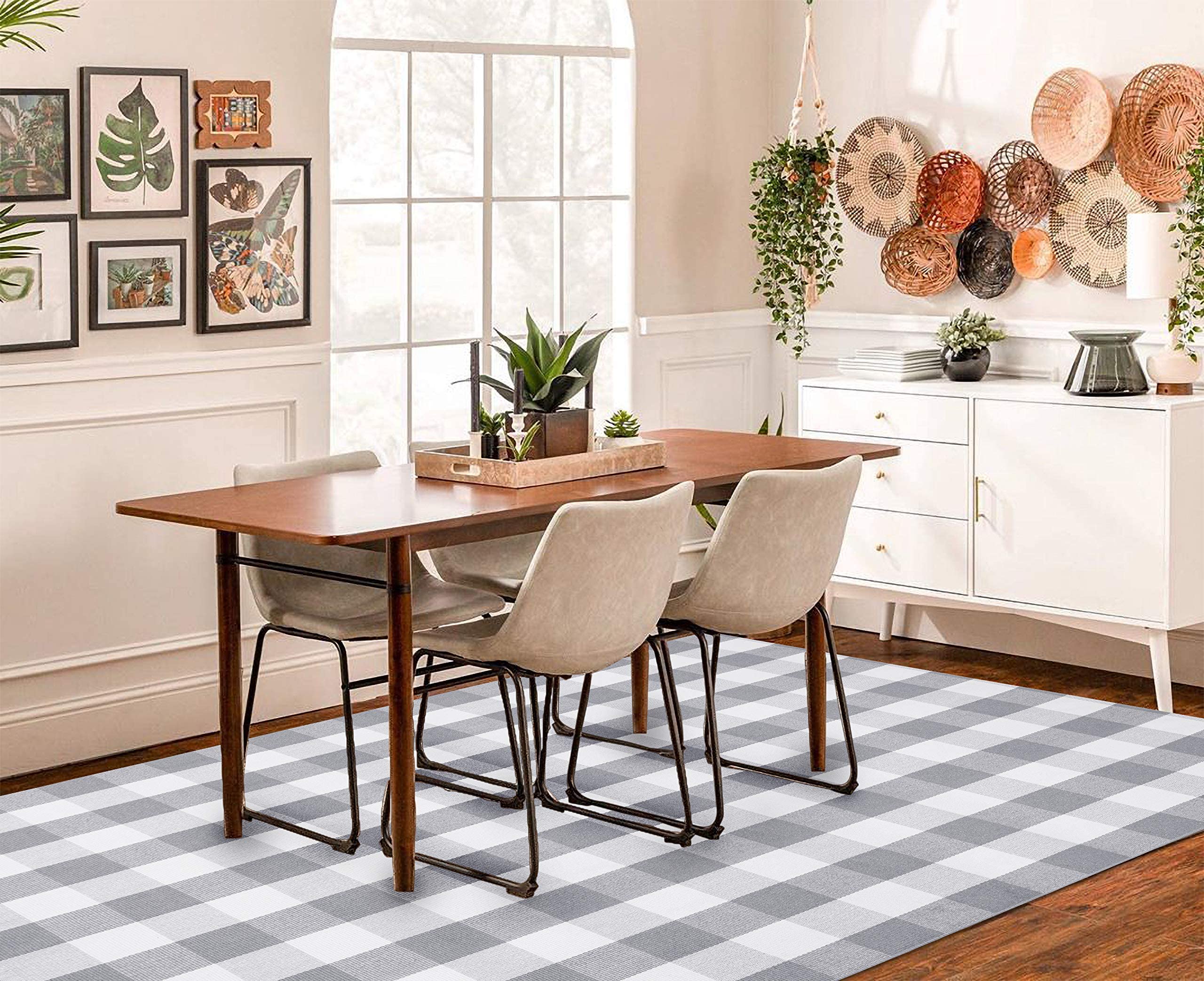KOZYFLAY Buffalo Plaid Area Rug 8x10 Feet - Gray and White Checkered Washable Cotton Rug for Living Room, Bedroom, Dining Room, Patio - Farmhouse Style Indoor Outdoor Carpet for Home Decor & Cozy Spaces