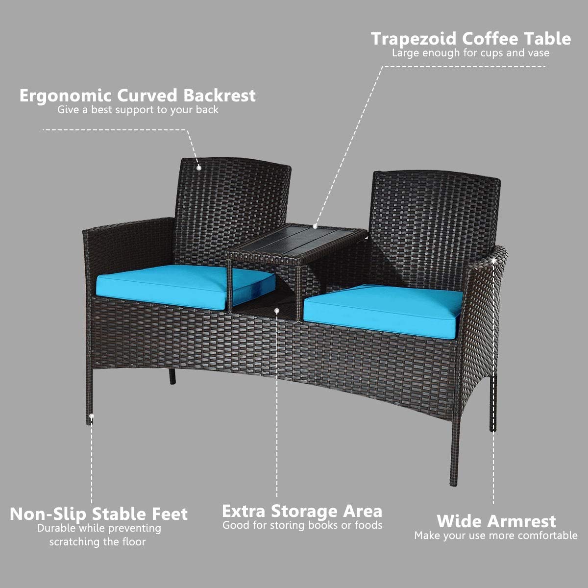 Modern Outdoor Wicker Loveseat Sofa Set with Built-in Coffee Table & Soft Cushions - Turquoise Rattan Patio Furniture for Backyard, Porch, Poolside, Lawn - Perfect for Relaxing, Entertaining & Sunbathing