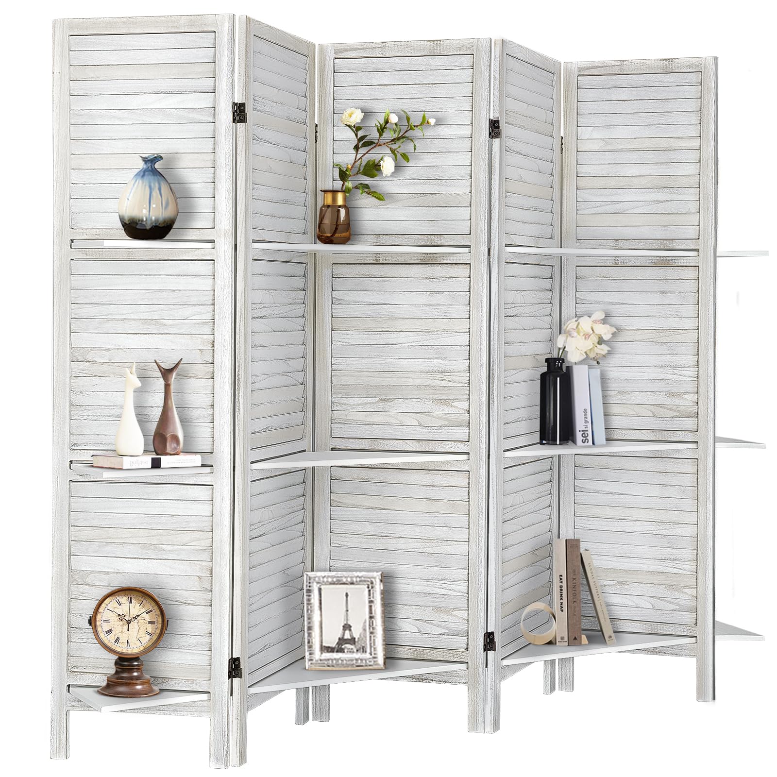 5.6 Ft Tall Wood Room Divider with Shelves - Folding Privacy Screen & Partition Panel for Home, Office, or Studio - Coconut Finish, 5 Panel - Perfect for Creating Separate Spaces in Living Rooms, Bedrooms, or Workspaces