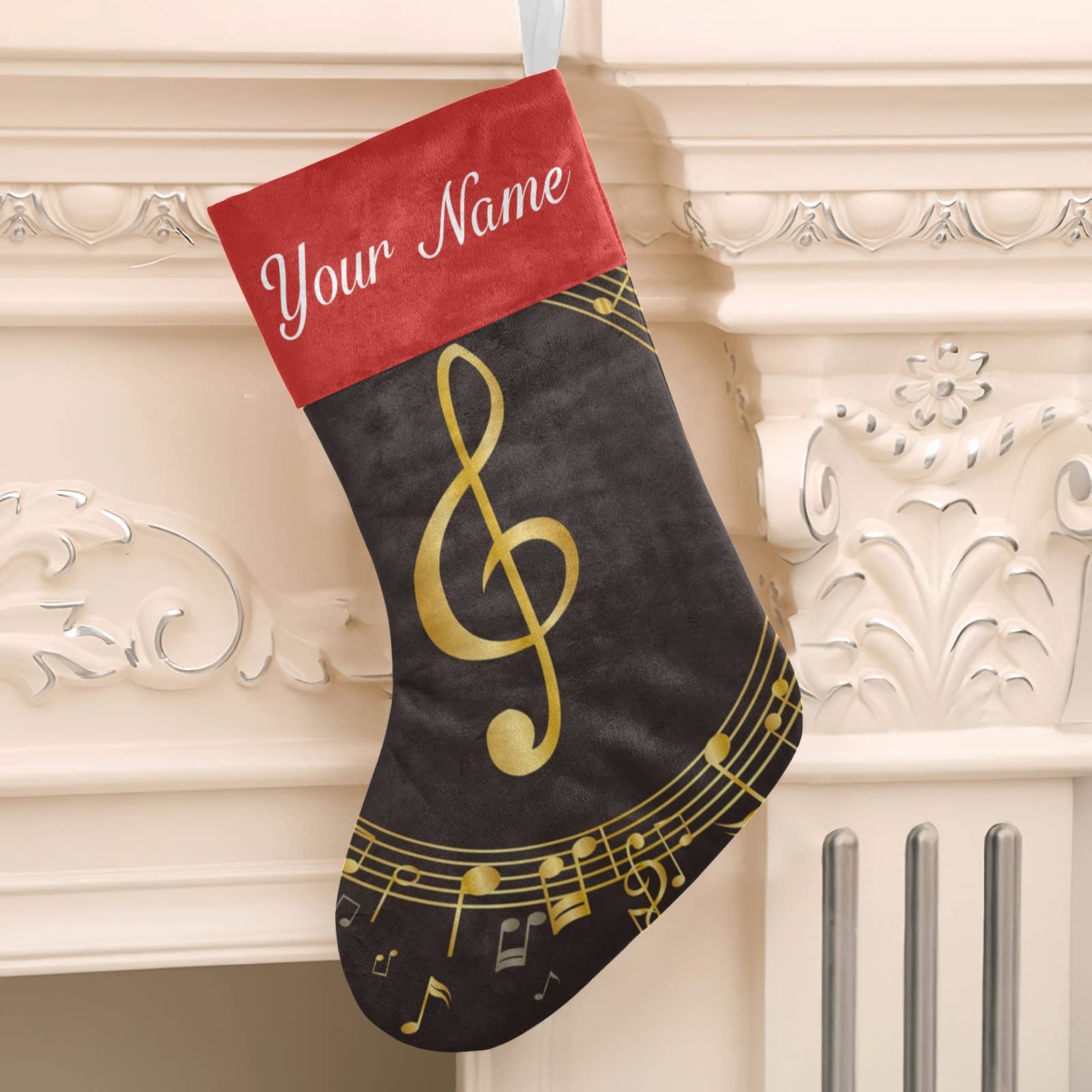 Custom Golden Music Note Christmas Stockings - Personalized Name Holiday Socks for Family Party Decor (17.52 x 7.87 Inch) - Perfect for Fireplace Mantel, Gift Exchange & Festive Home Decor