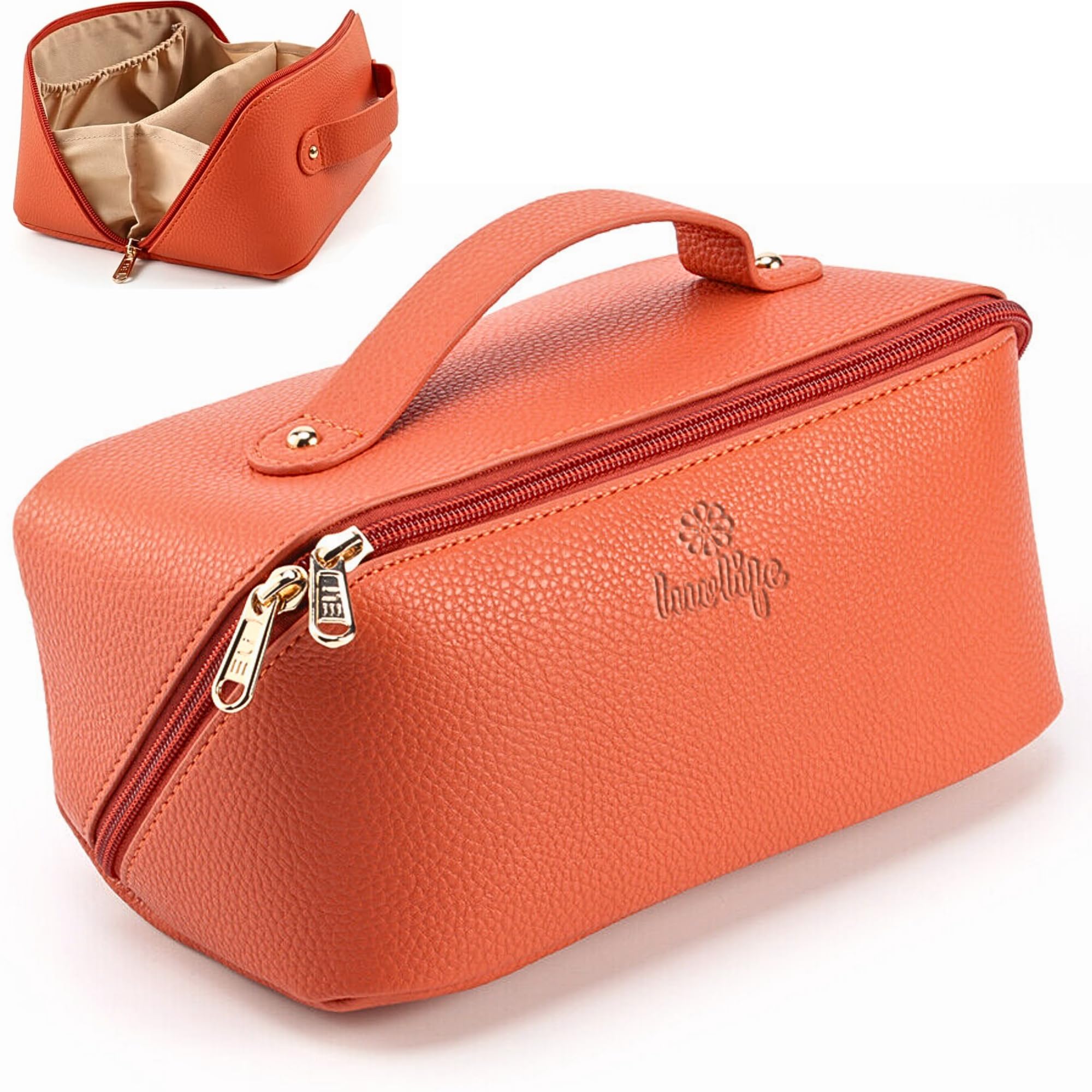 LuvLife Large Capacity Vegan Leather Cosmetic Travel Bag for Women & Girls - Portable Makeup Pouch with Wide Opening, Handle & Divider - Perfect for Toiletries Storage (12cm, Orange) - Includes Free E-Book - Ideal for Travel, Gym & Everyday Use