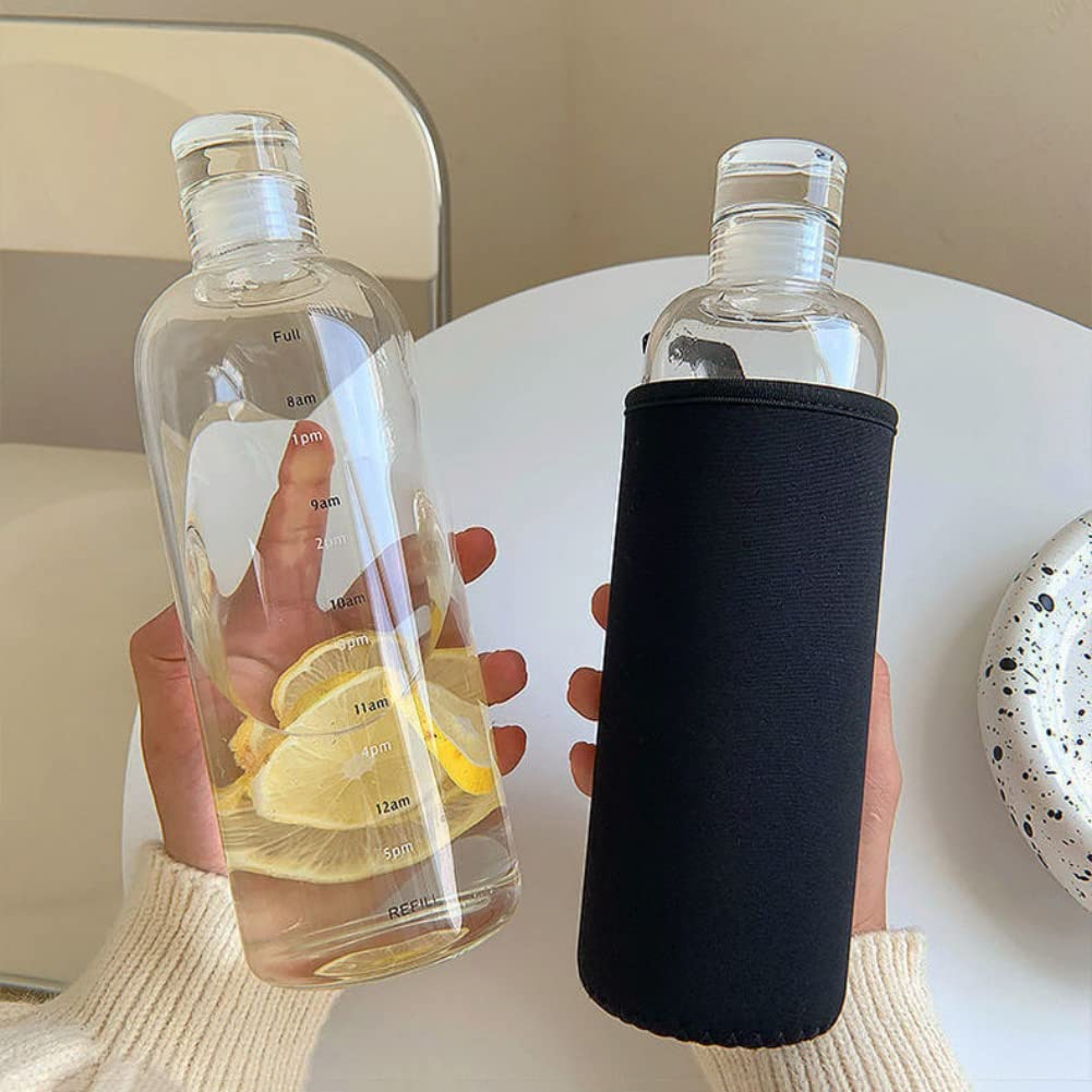 Renococo 17Oz Clear Plastic Water Bottle with Time Marker - 2 Pack Leakproof Motivational Water Bottles Includes Non-Slip Sleeve for Gym, Office, Hiking & Outdoor Activities