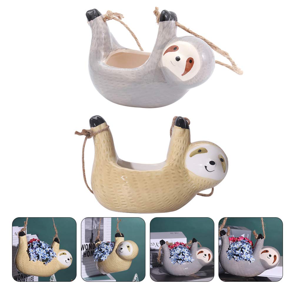 DOITOOL 2PCS Ceramic Hanging Sloth Planter Pot - Cute Succulent & Cactus Flower Pot for Indoor & Outdoor Plants (16 X 10CM) - Perfect for Home Decor, Garden, Balcony, and Office Plant Display