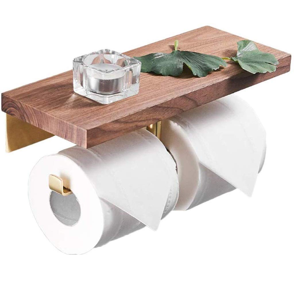 Premium Brass & Wood Wall Mounted Double Paper Towel Holder - Multifunctional Phone Stand with Anti-Fall Design for Bathroom, Kitchen & Office Organization