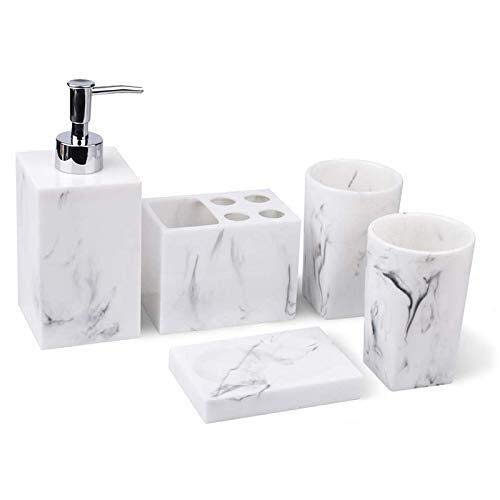 5-Piece Marble Resin Bathroom Accessory Set - Soap Dispenser, Soap Dish, Toothbrush Holder & 2 Tumblers for Countertop Organization | Modern Bathroom Decor for Home & Hotel Use