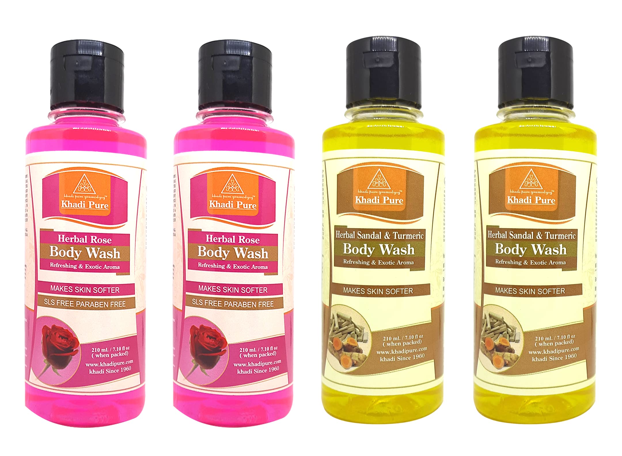 Khadi Pure Rose & Sandal Turmeric Body Wash - 210ml (Pack of 4) | Sulfate-Free, Natural Ingredients for Glowing Skin | Perfect for Daily Cleansing & Aromatherapy