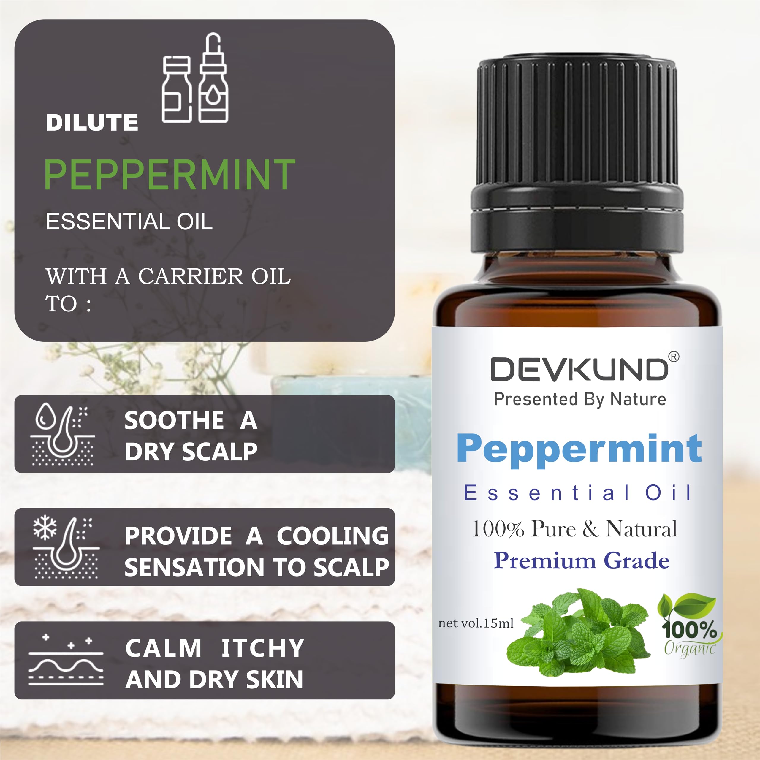 **Devkund Peppermint Essential Oil – 100% Pure, Natural & Organic for Skin, Hair & Scalp Care | Cooling & Refreshing Aromatherapy Oil for Face & Body | 15ml | Perfect for Relaxation, Massage & DIY Beauty**
