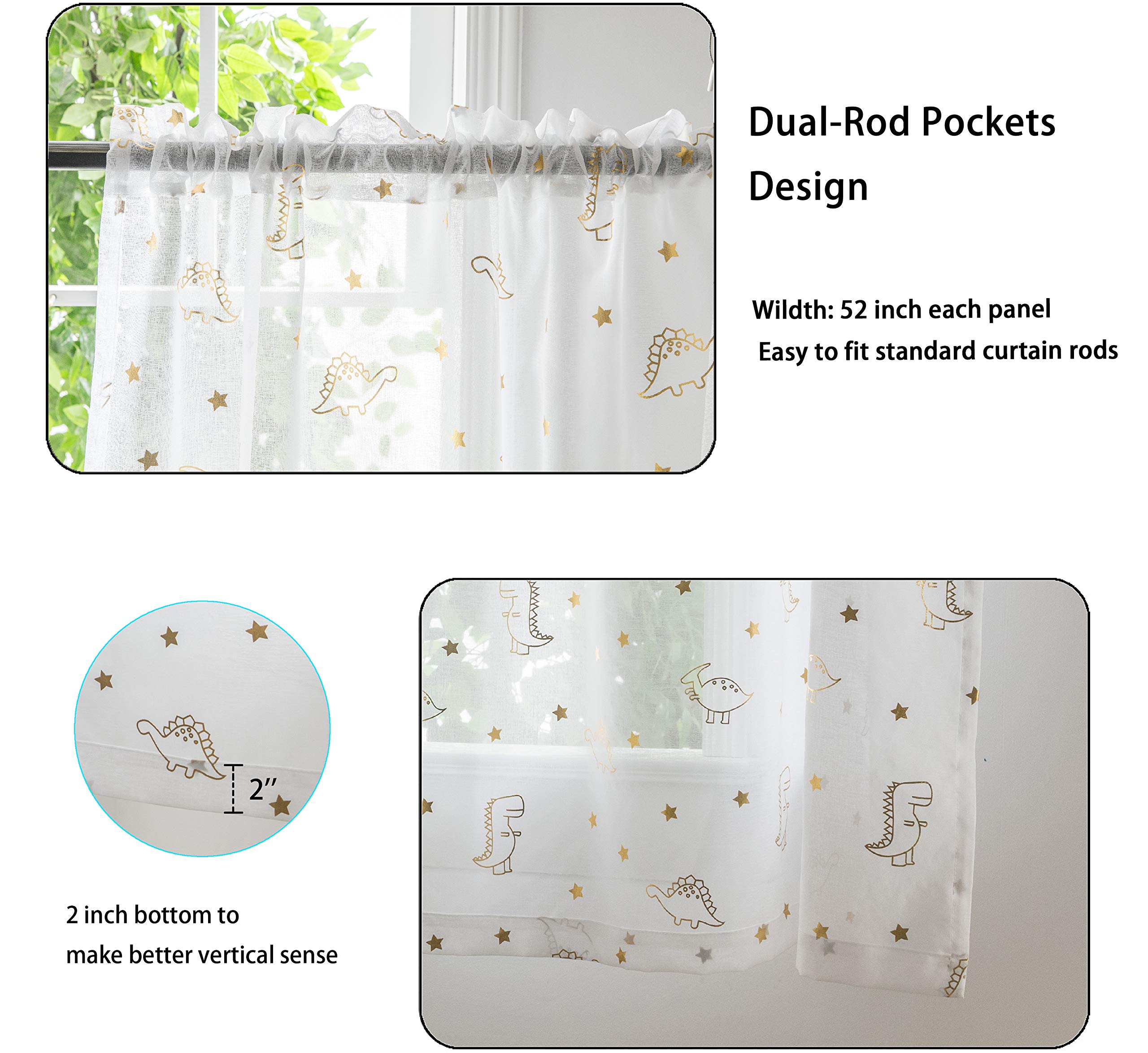 Dinosaur Sheer Curtains for Kids Room - Gold Foil Print Star & Dino Pattern Voile Drapes, 52x84 Inches, Set of 2 Panels with Rod Pocket | Perfect for Boys Nursery, Bedroom Decor & Playroom Windows