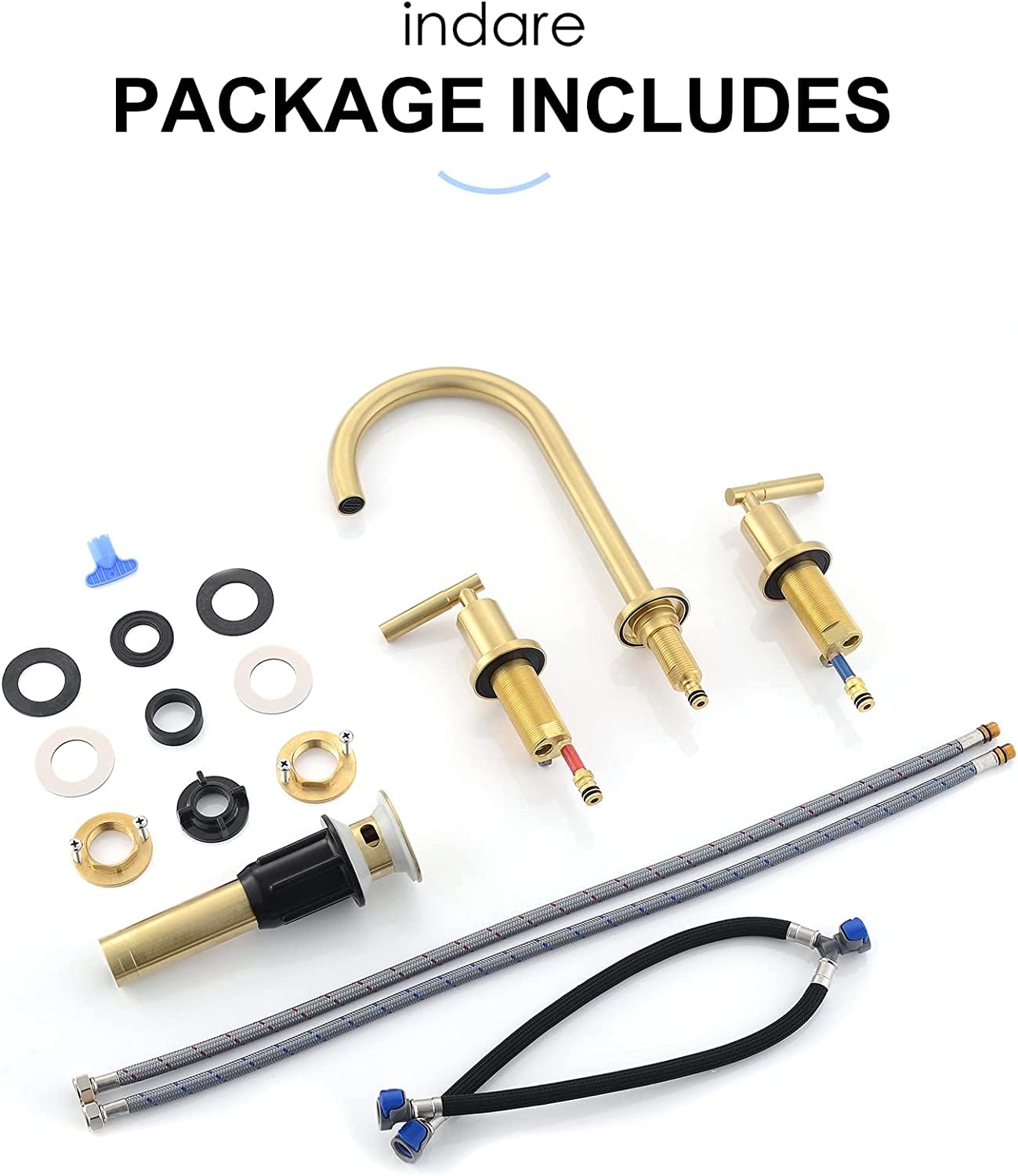 Brushed Gold Bathroom Faucet - Indare 2-Handle Widespread Sink Faucet with 360° Swivel Spout, 4-8 Inch Centerset, Brass Construction, Includes Pop-Up Drain & Water Supply Lines - Perfect for Modern Bathroom Vanities and Powder Rooms