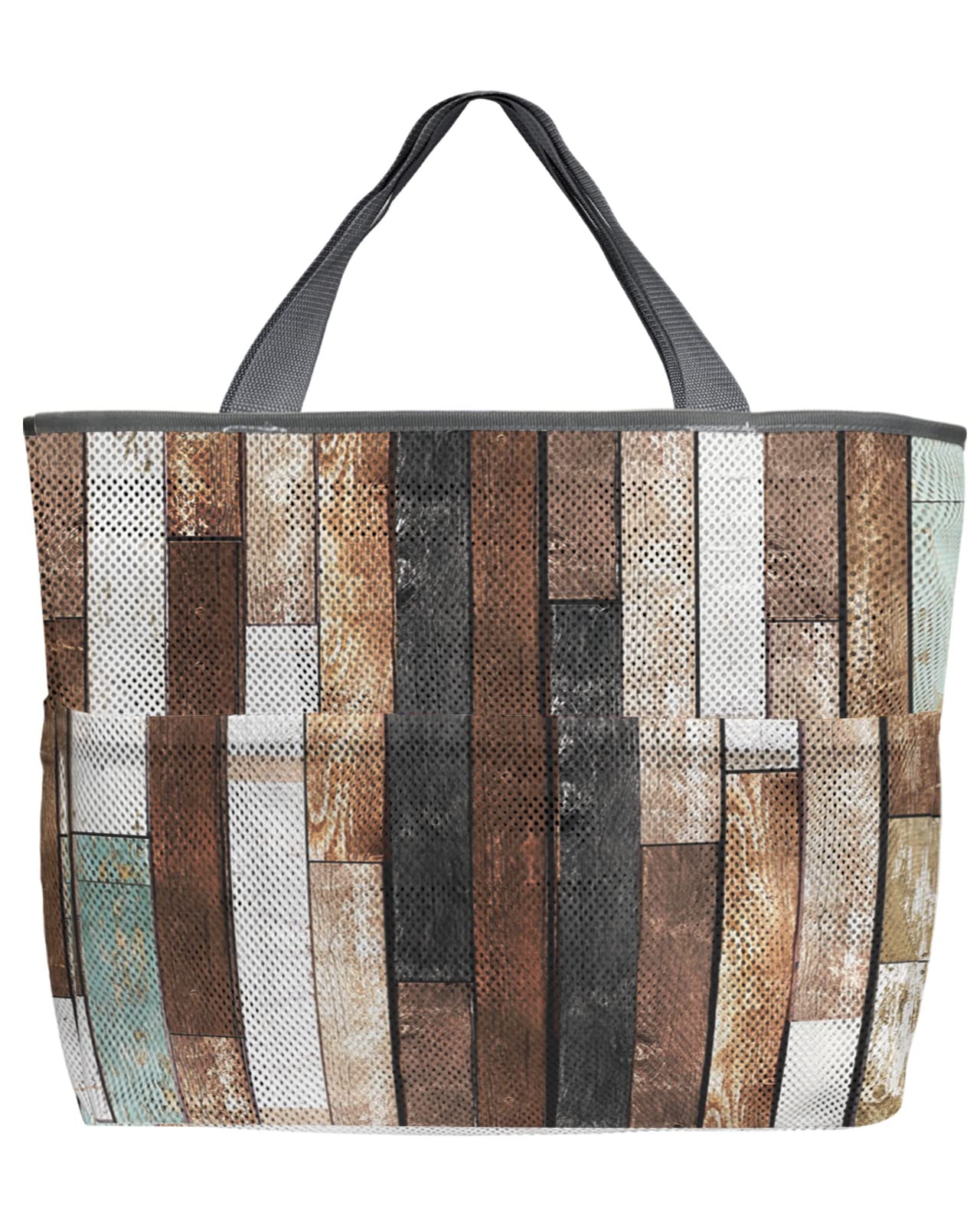 60L Oversized Mesh Beach Tote Bag - Farmhouse Rustic Wood Design with Pockets | Foldable Lightweight Swim Bag for Pool, Grocery Shopping & Storage | 24