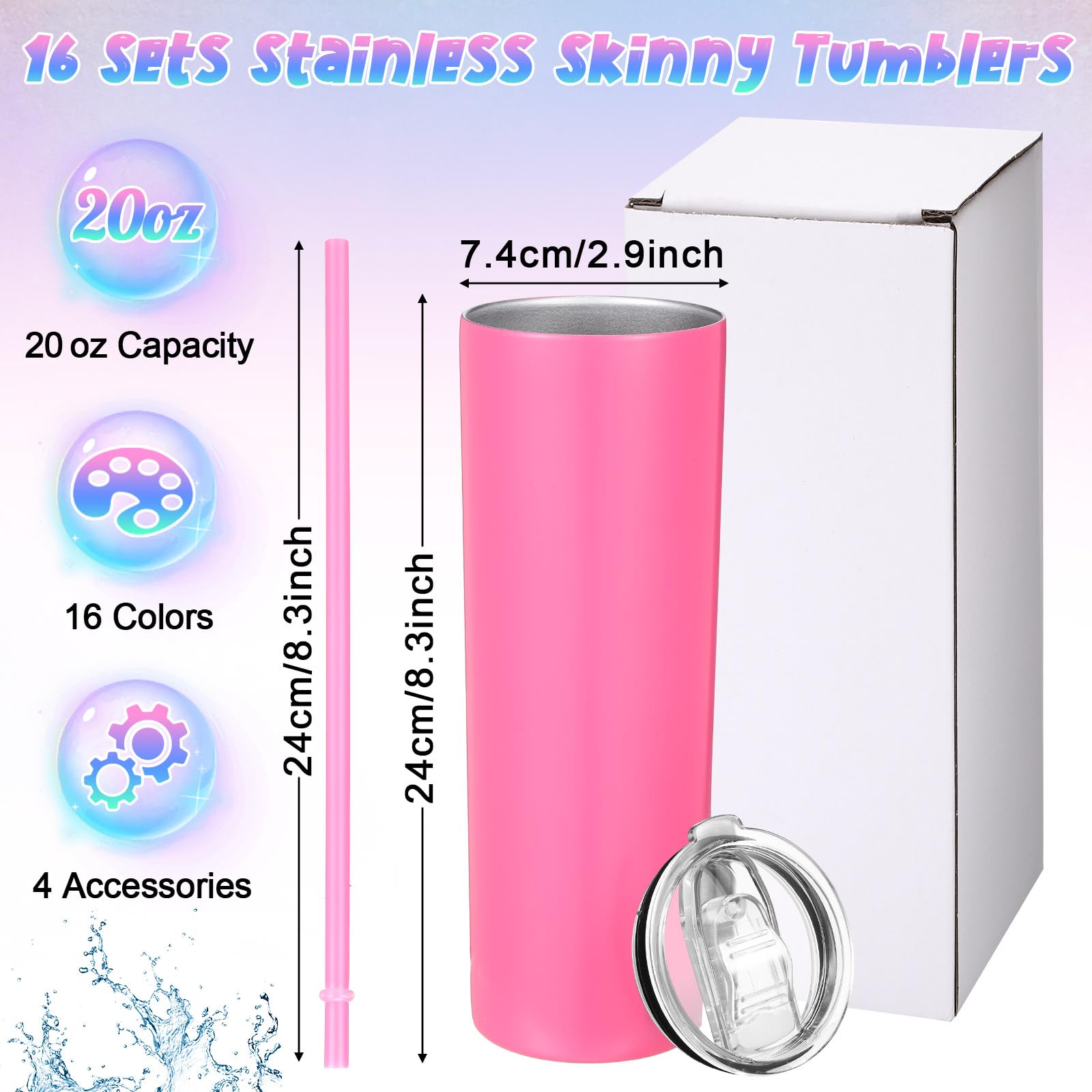 16 Pack 20 oz Skinny Stainless Steel Tumblers with Straws & Lids - Double Wall Vacuum Insulated Slim Travel Mug for Hot & Cold Drinks - 16 Solid Colors - Perfect for Coffee, Tea, Water & On-the-Go Use