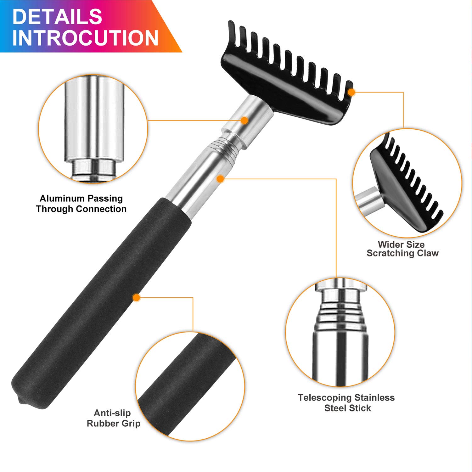 Upgraded Oversized Portable Extendable Back Scratcher - Stainless Steel Telescoping Back Scratcher Tool with Canvas Carrying Bag for Home, Office & Travel Use