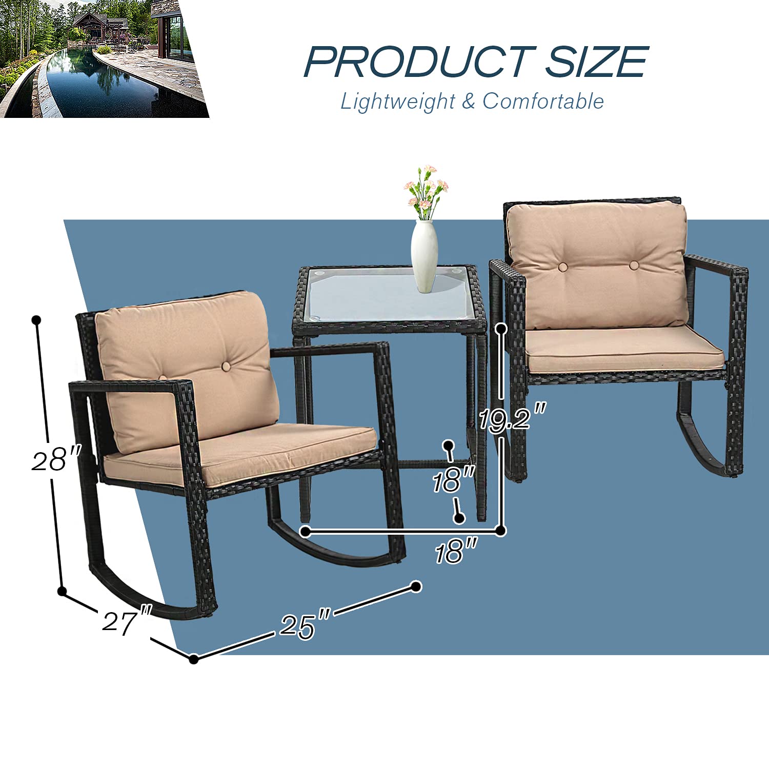 3-Piece Outdoor Rocking Chair Set with Bistro Table - Patio Furniture for Backyard, Porch, Poolside & Lawn - Black Balcony Chairs & Coffee Table - Perfect for Relaxing, Entertaining & Outdoor Dining