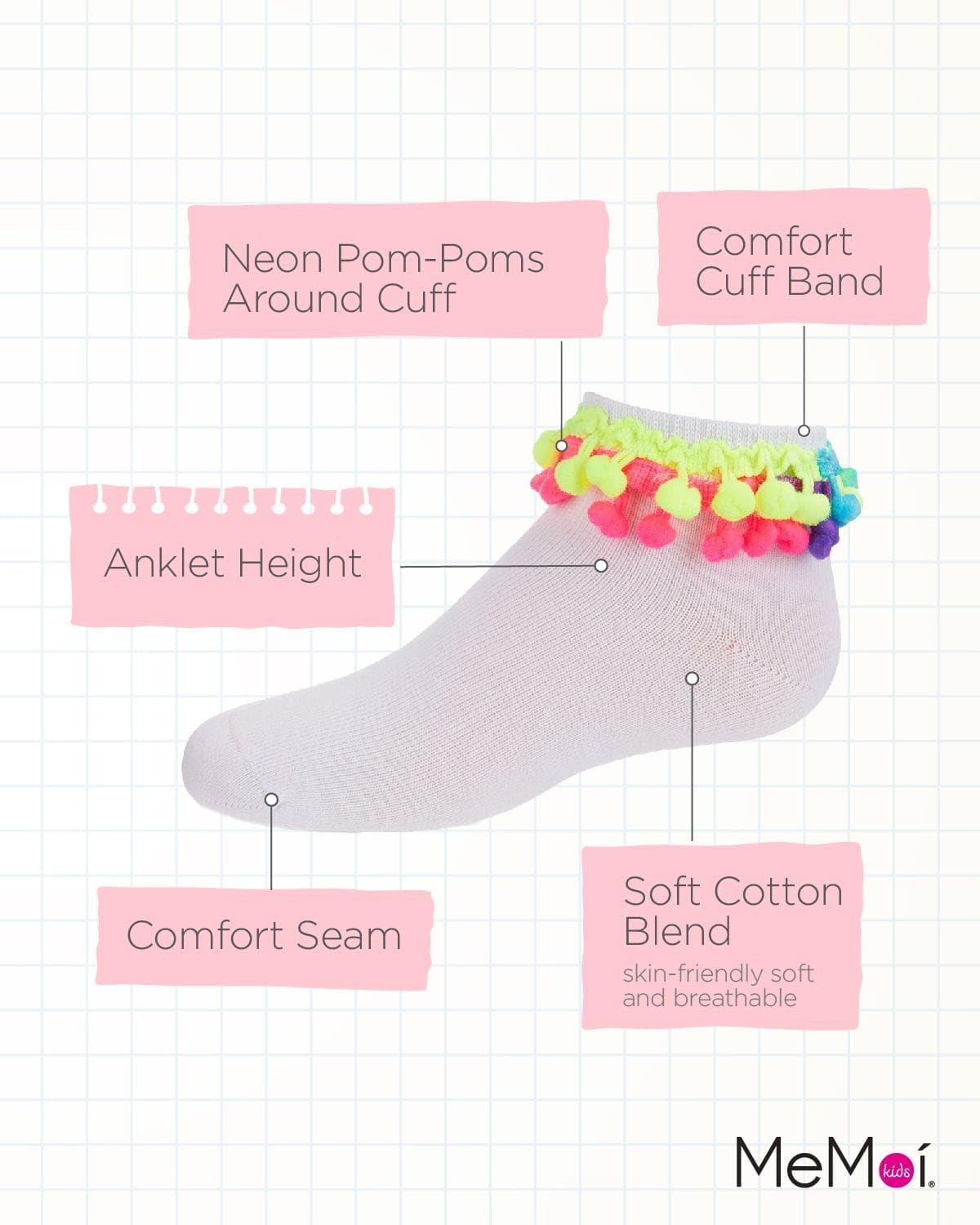 MeMoi Neon Multi Pom-Pom Cotton Blend Girls Anklet Socks - Cute & Comfortable Toddler Socks for School, Play & Everyday Wear