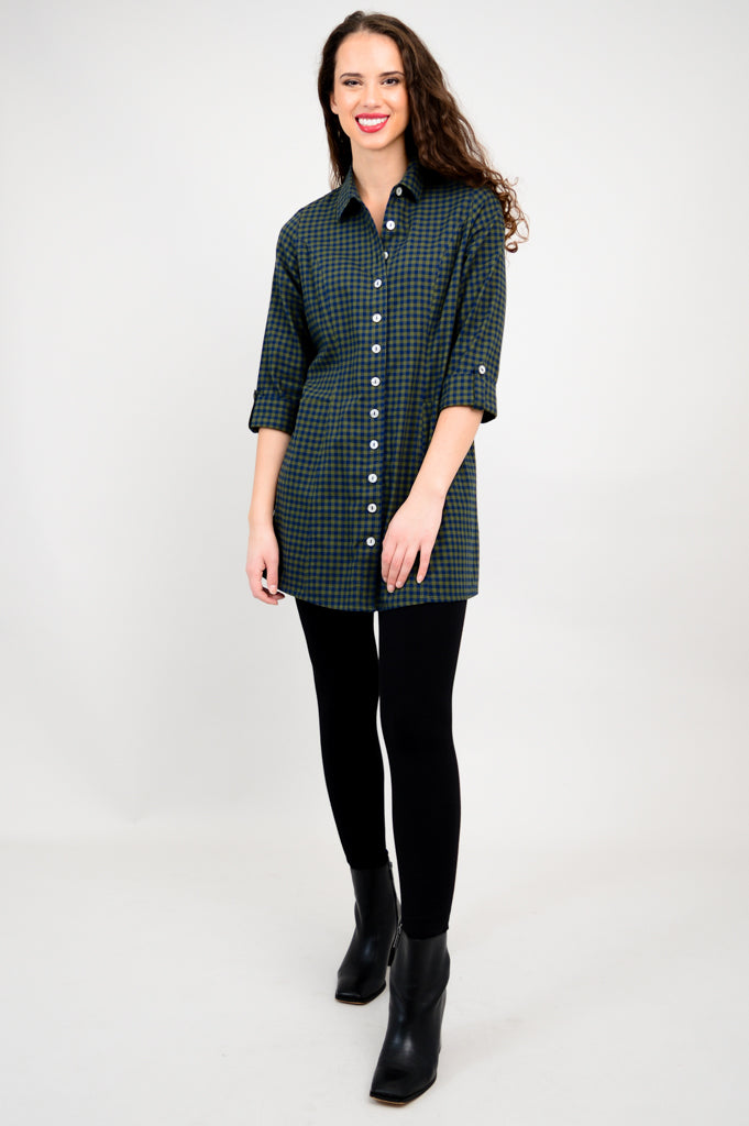 Larissa Tunic Top - Women's Cotton Flannel Shirt with Island Plaid Print - Casual Long Sleeve Button Down for Fall & Winter, Perfect for Office, Travel and Weekend Outings