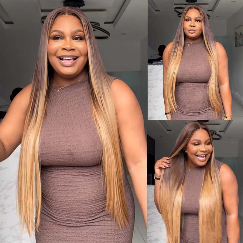 Eullair Ombre Chocolate Brown with Honey Brown Sunk Stripe Straight Human Hair Wig - Pre-Colored Transparent HD Lace Frontal Wig for Women (EW010) | Natural Look for Daily Wear, Parties & Special Occasions