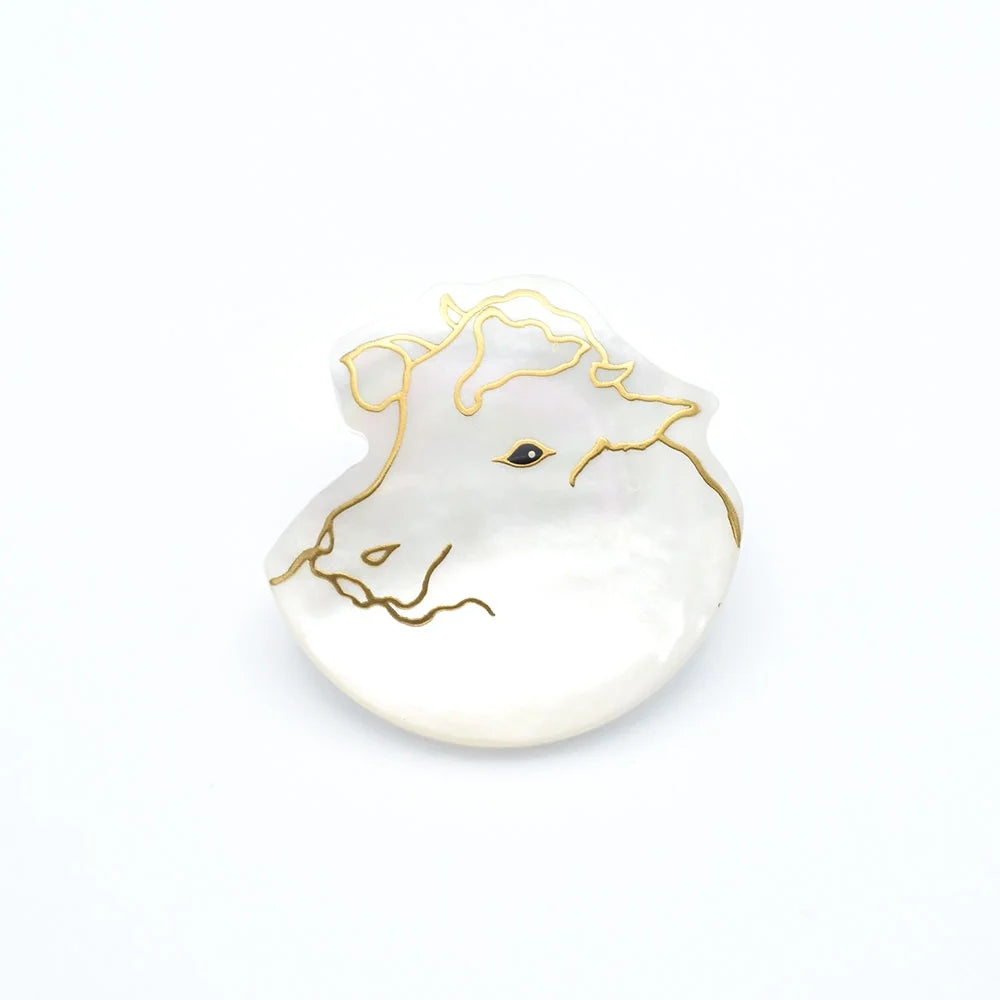 Exquisite Maki-e Urushi Lacquer Brooch with White South Sea Pearl Shell & Cow Design | Traditional Japanese Lacquer Jewelry | Perfect for Formal Occasions, Gift Giving & Cultural Fashion Statements