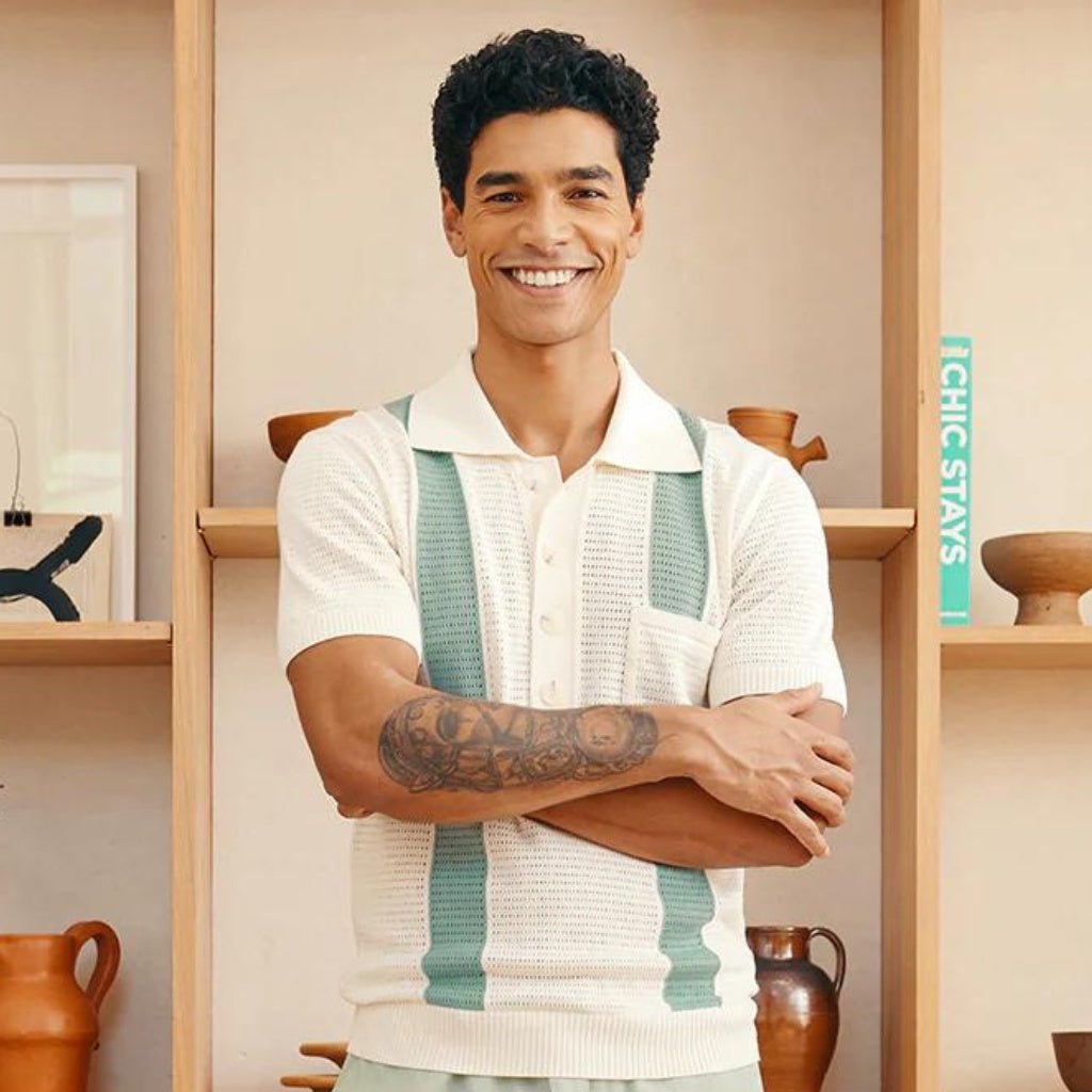 FRESCOBAL CARIOCA Crochet Stripe Polo Shirt for Men - White & Aqua Casual Summer Top - Perfect for Beach Outings, Weekend Brunch, and Vacation Wear