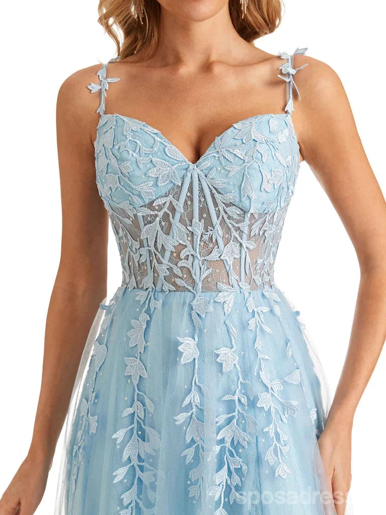 Elegant Blue A-Line Spaghetti Strap V-Neck High Slit Long Prom Dress for Women - Perfect for Homecoming, Evening Parties & Formal Events