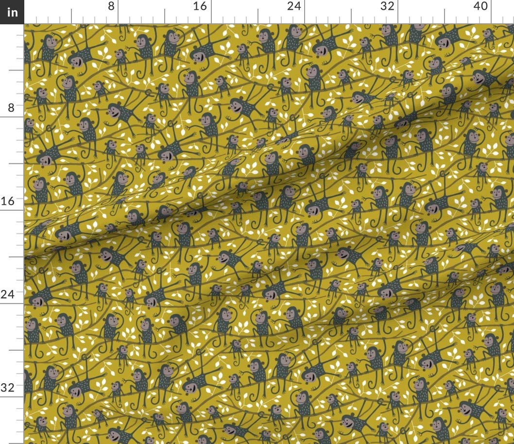 Monkey Jungle Tree Mustard Kids Fabric by Spoonflower - Forest Animals Leaves Printed on Petal Signature Cotton Fabric by The Yard - Perfect for Sewing, Quilting, Apparel, Crafts & Home Decor - Ideal for Children's Bedroom, Playroom & DIY Projects