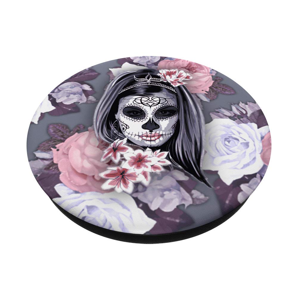 Grip Skull Lady Floral Rose Design Golden White PopSocket PopGrip - Swappable Phone & Tablet Grip for Secure Hold and Stylish Protection, Perfect for Everyday Use and Travel
