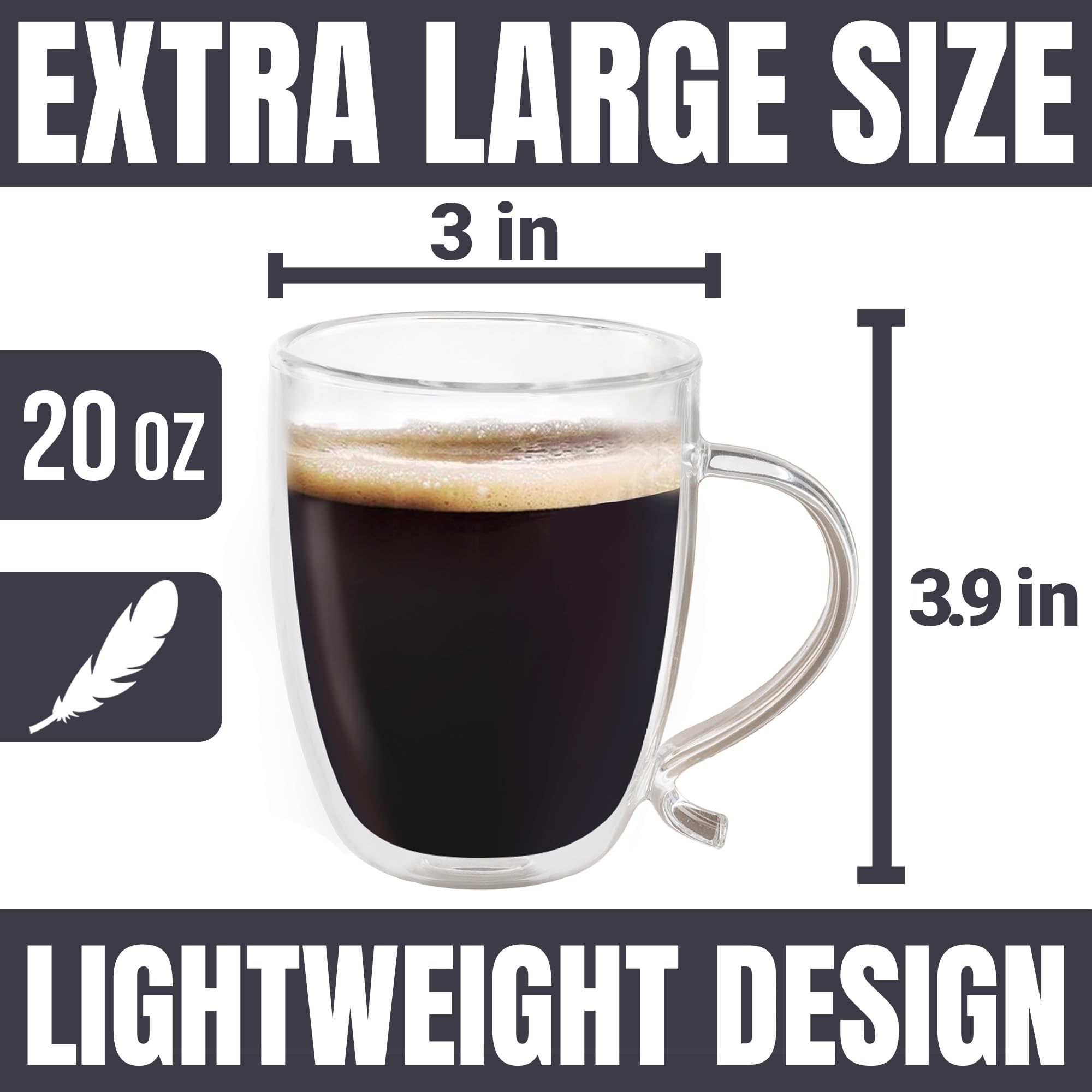 Double Wall Glass Coffee Mugs - 12oz Clear Insulated Coffee Cups for Hot & Cold Drinks - Perfect for Home, Office, and Cafe Use - BPA-Free Shatterproof Glass Mugs with Ergonomic Handle