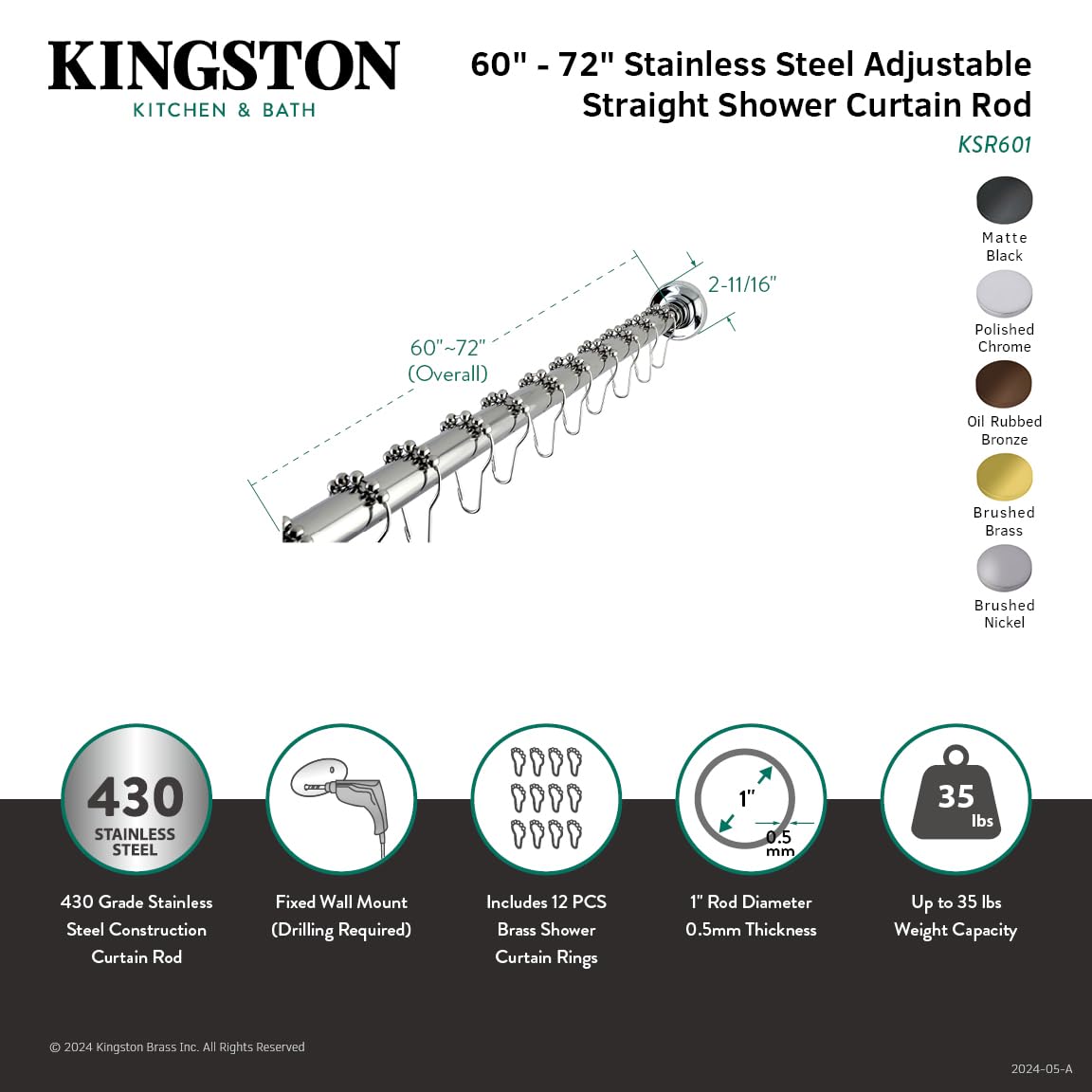 Kingston Brass KSR607 Edenscape 72-Inch Adjustable Stainless Steel Shower Curtain Rod with Rings - Brushed Brass Finish for Bathroom & Shower Decor - Perfect for Modern Homes, Apartments, and Hotels