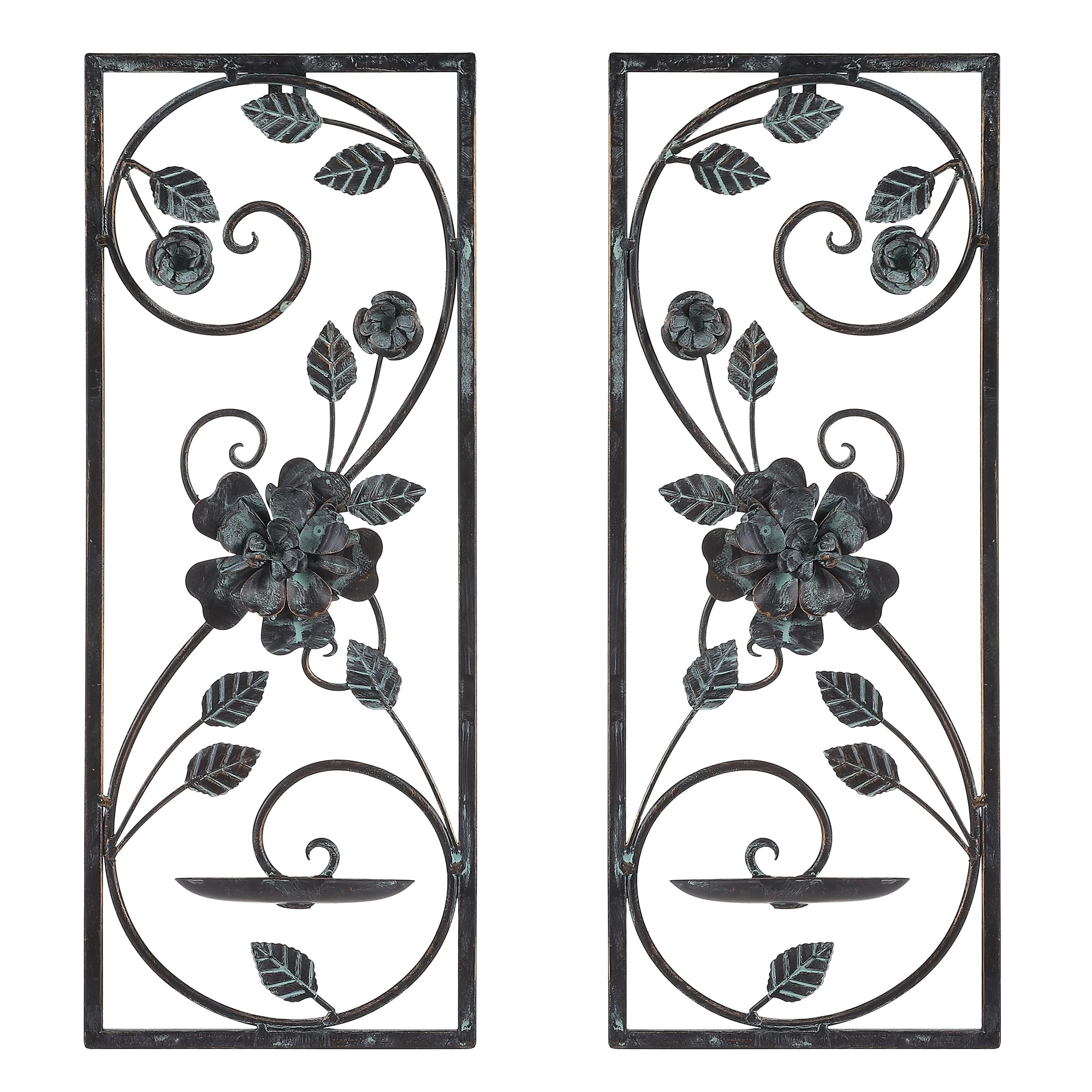 Scroll & Floral Metal Wall Candle Sconce Set of 2 - 16.5