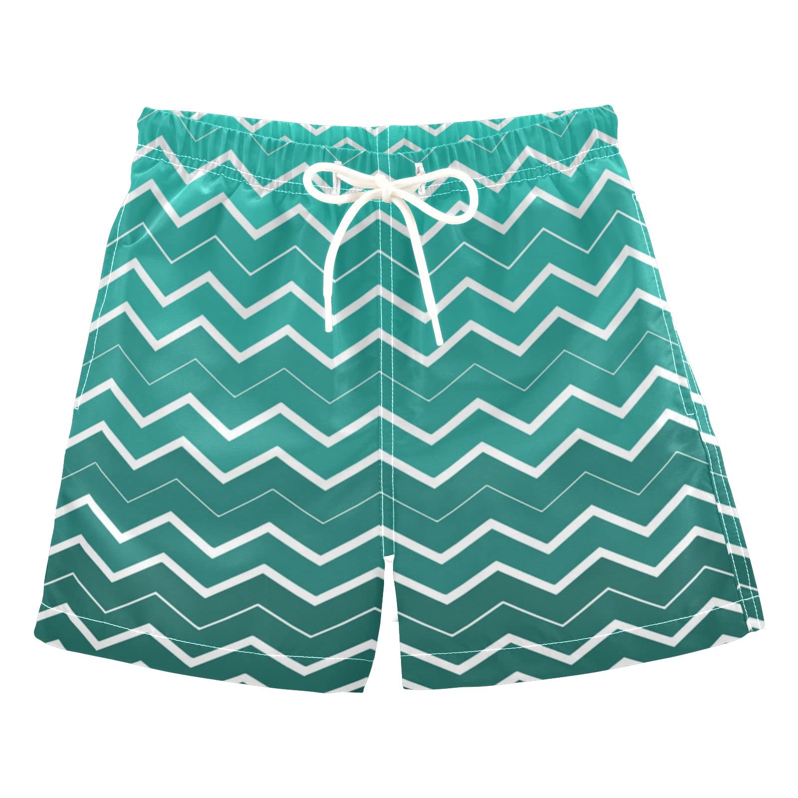 Boys Quick-Dry Green Chevron Swim Trunks with Mesh Lining - Adjustable Waist Beach Shorts for Swimming, Surfing & Summer Vacations