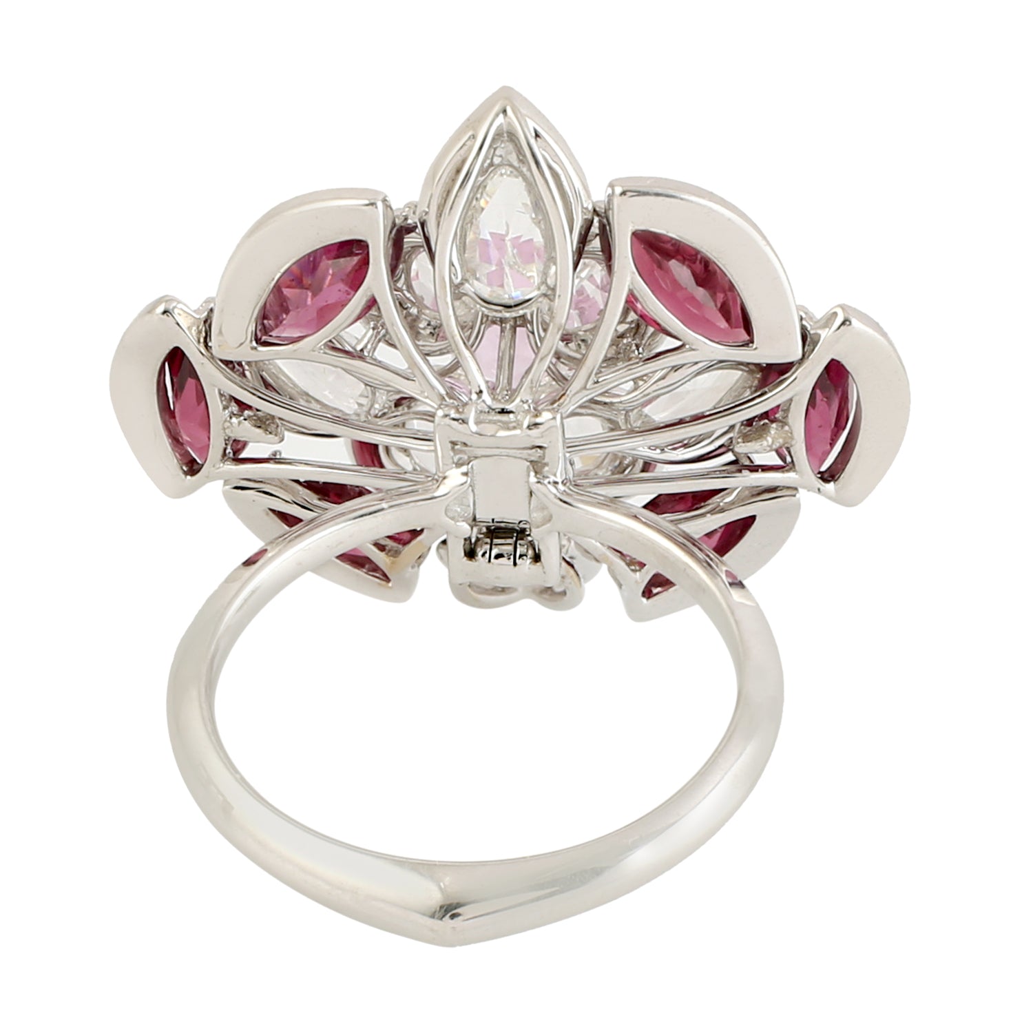 18K White Gold Marquise Ruby & Pink Sapphire Pave Diamond Ring with Rose Cut – Elegant Engagement, Wedding, Anniversary Gift for Her