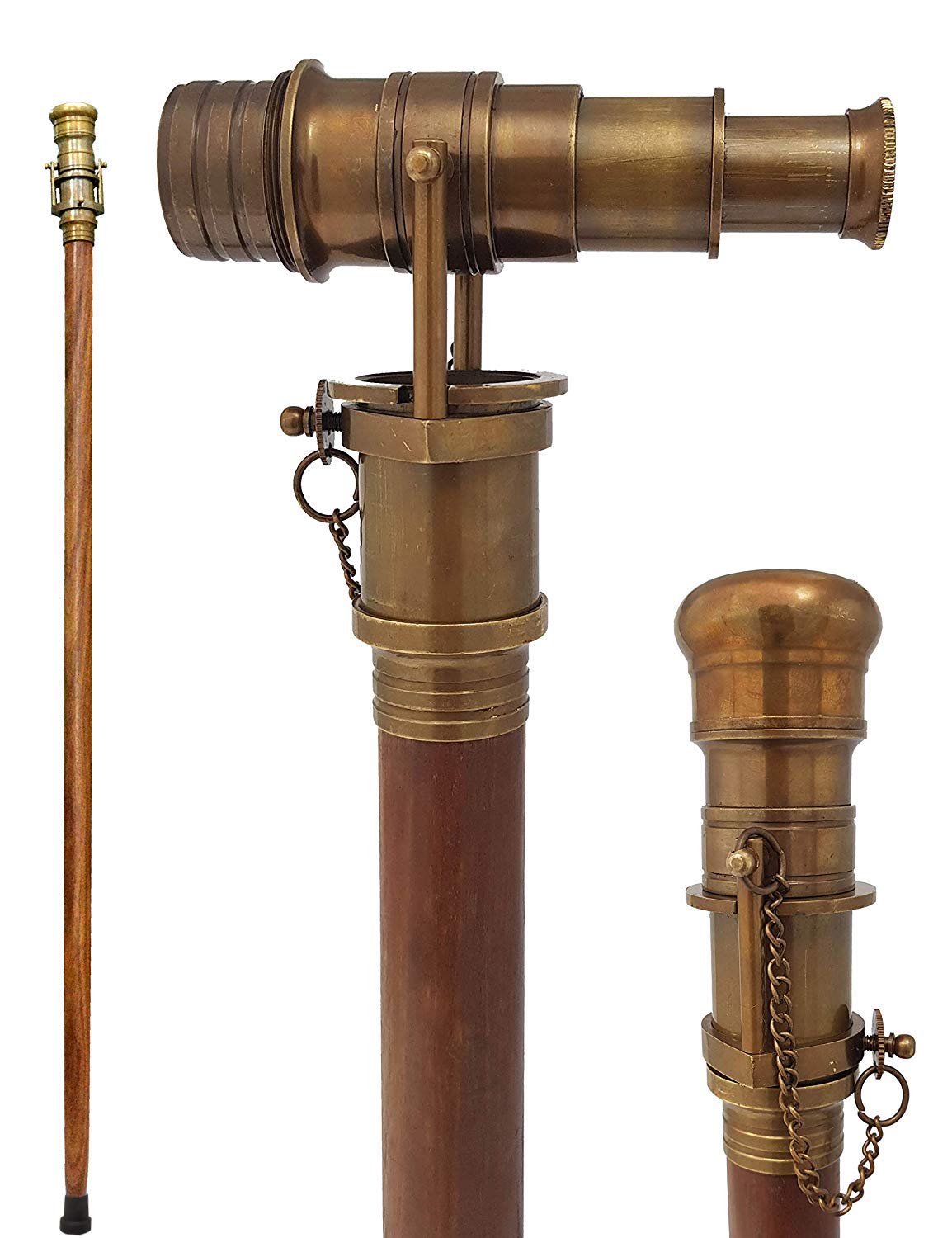 Antique Brass Nautical Telescope Walking Cane - Foldable Rosewood Steampunk Style Wooden Stick for Costume & Cosplay - Perfect for Pirate, Victorian, or Steampunk Outfits & Collectors
