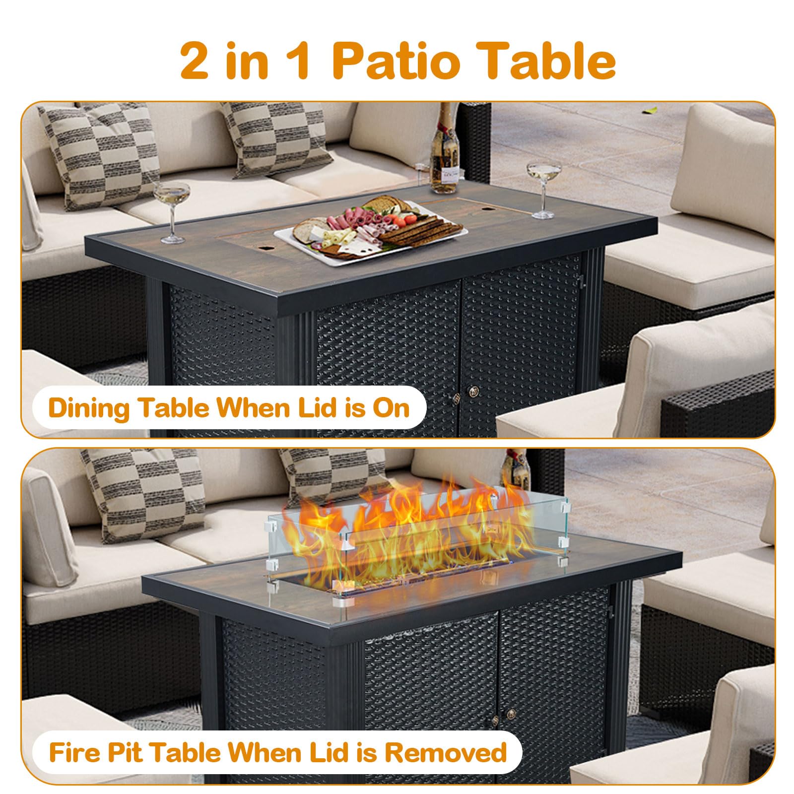 44 Inch Propane Fire Pit Table - 50,000 BTU Outdoor Fire Table with Electronic Ignition, Glass Rocks & Wind Guard - Perfect for Patio, Garden, Backyard & Camping Gatherings